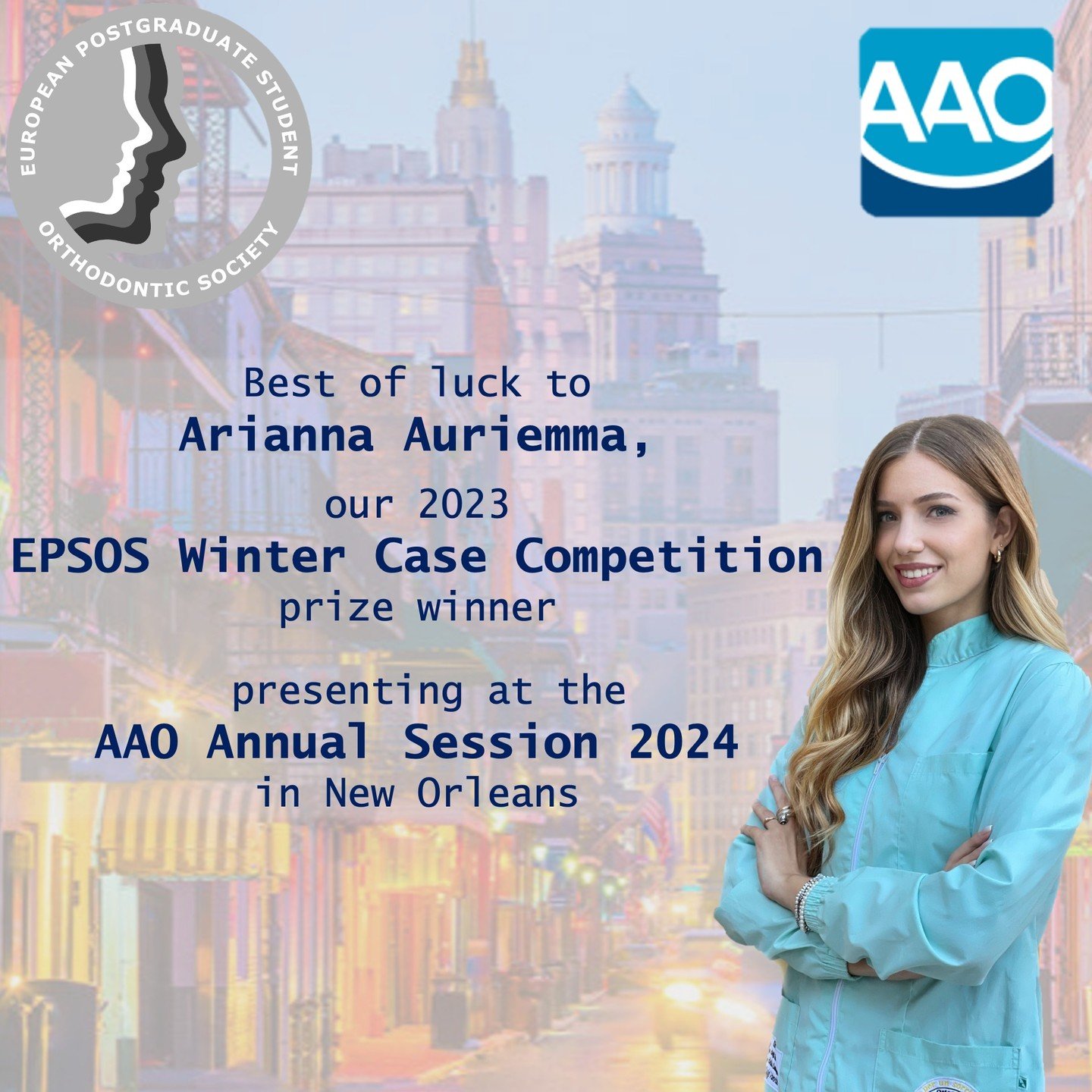 Dr Auriemma will be presenting on May 5, 2024, in the Ernest N. Morial Convention Center Room 217-218. She will be the first speaker at 08:00.

In collaboration with the American Association of Orthodontists, Arianna won the 2023 EPSOS Winter Case Co