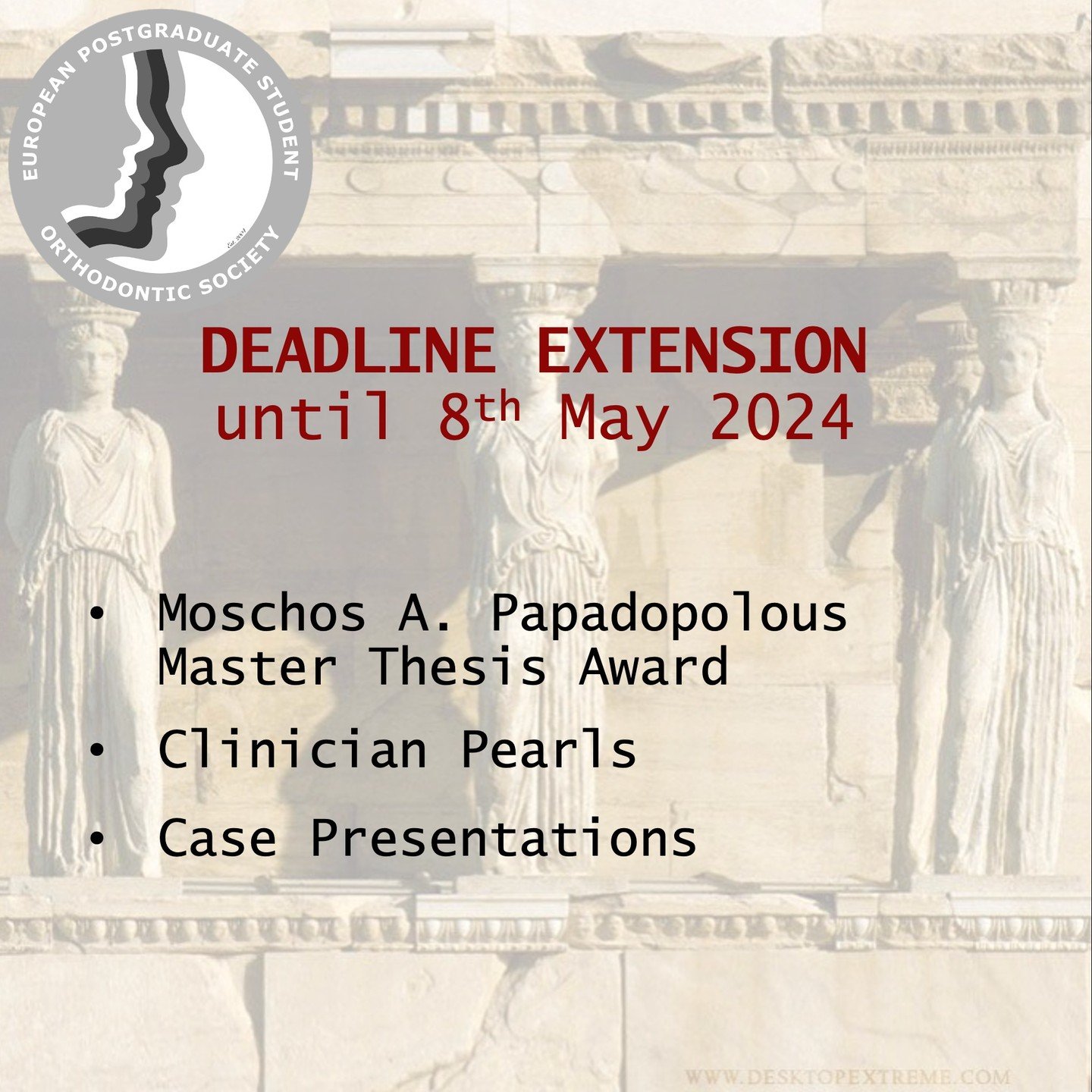 ANNOUNCEMENT:

The deadline for submissions of clinical pearls, completed cases, and Moschos A. Papadopoulos Thesis award has been extended to Wednesday 8th May 23:59 CET. 

Send us your entries NOW!