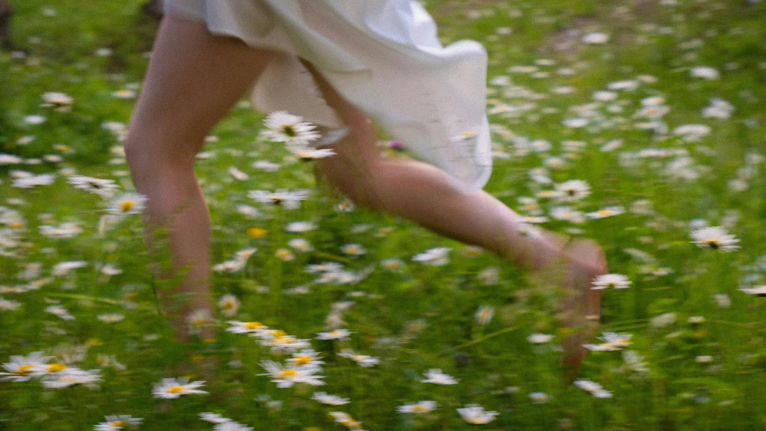 Blurry image of women's legs running through a flower field