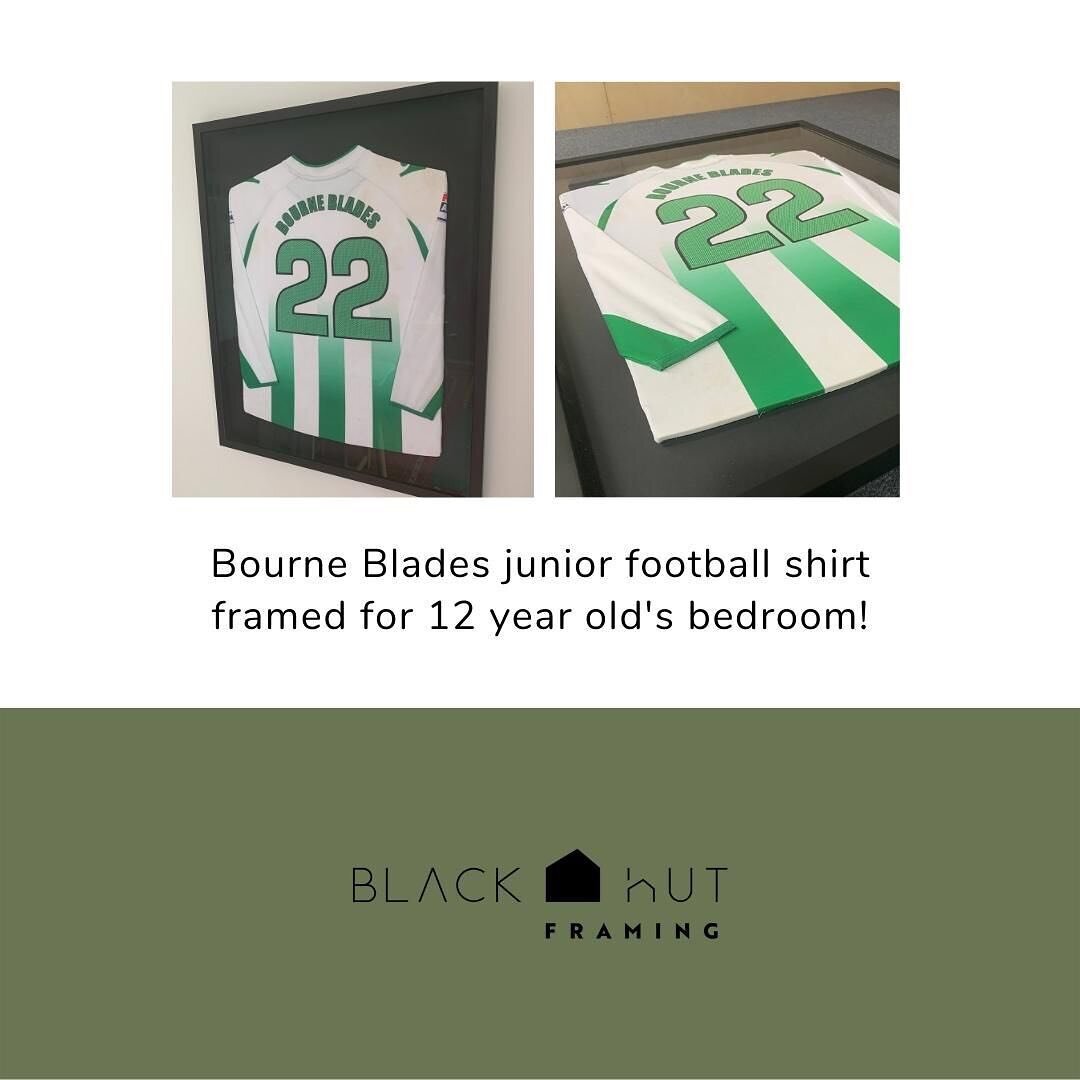 End of season Bourne Blades football shirt framed in a neat black box frame for a bedroom wall.  #bourneblades #bournebladesveterans #farnhamfootball #framedfootballshirt #footballshirtcollector