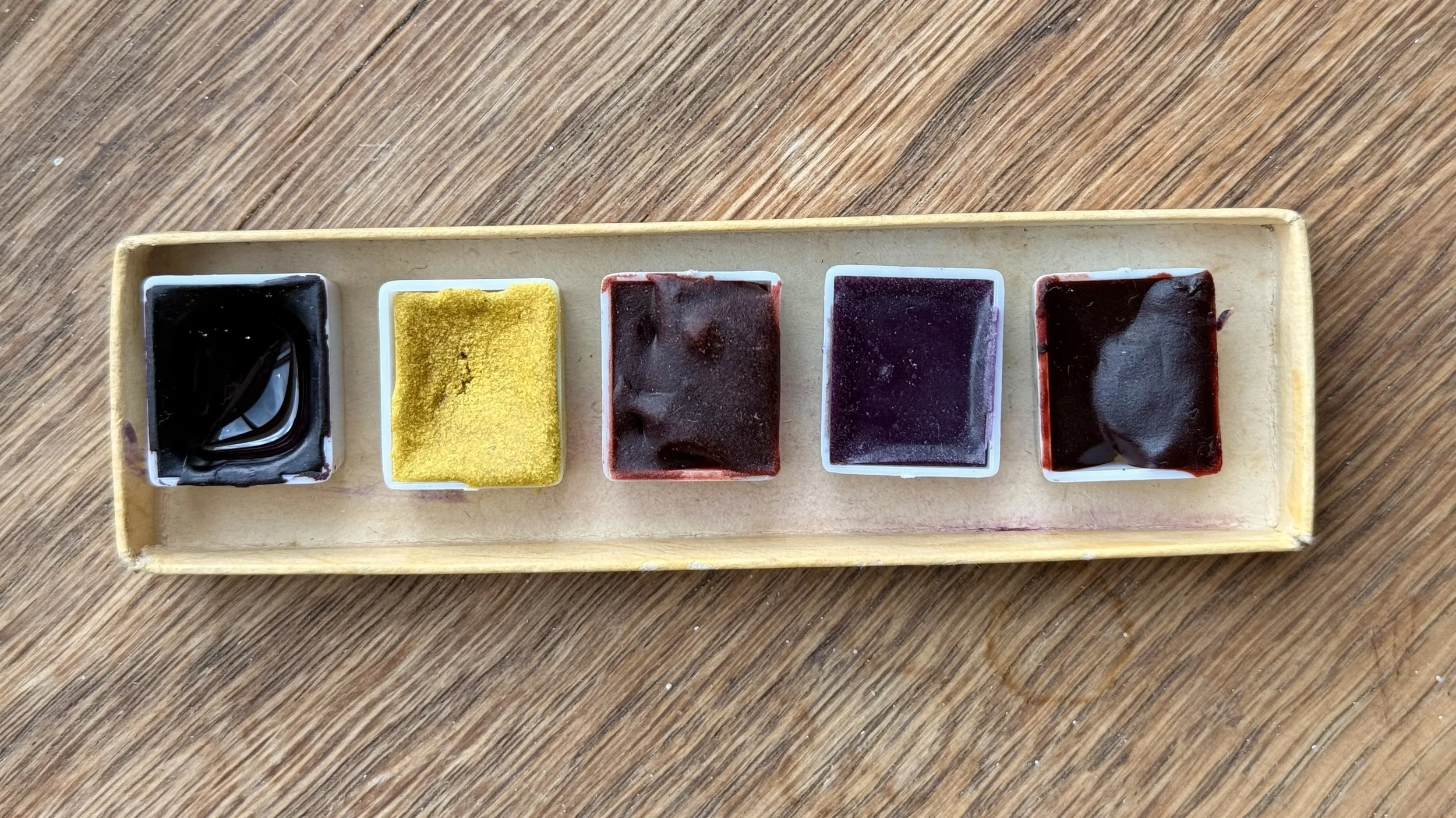 From the left: Cochineal, ( Deep red); Apple, (Yellow);  Madder (rust)  (with Glycerine,), Logwood, ( violet); Madder ( Rust)( without Glycerine)