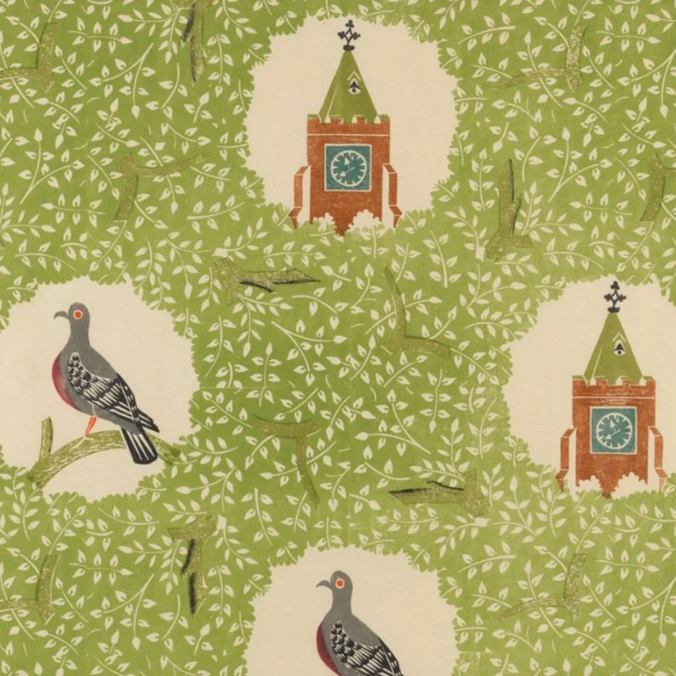 “Pigeon and Clocktower”  Original block print wallpaper design by Edward Bawden.  Showing a pigeon tucked away in a green hedge and a view of a distant clocktower.Now recreated by St Jude’s