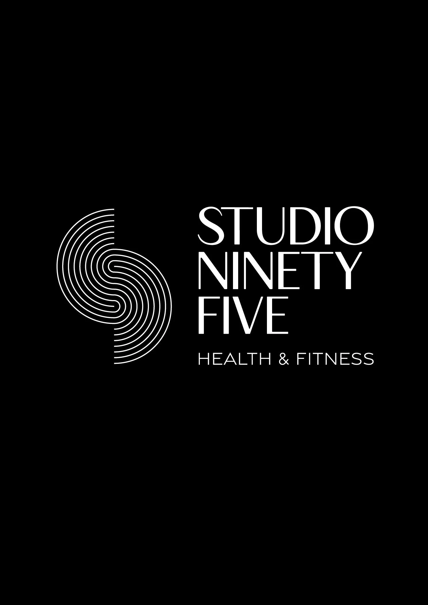 Logo for Studio Ninety Five Health & Fitness featuring a stylized fingerprint design and modern white font on black background.