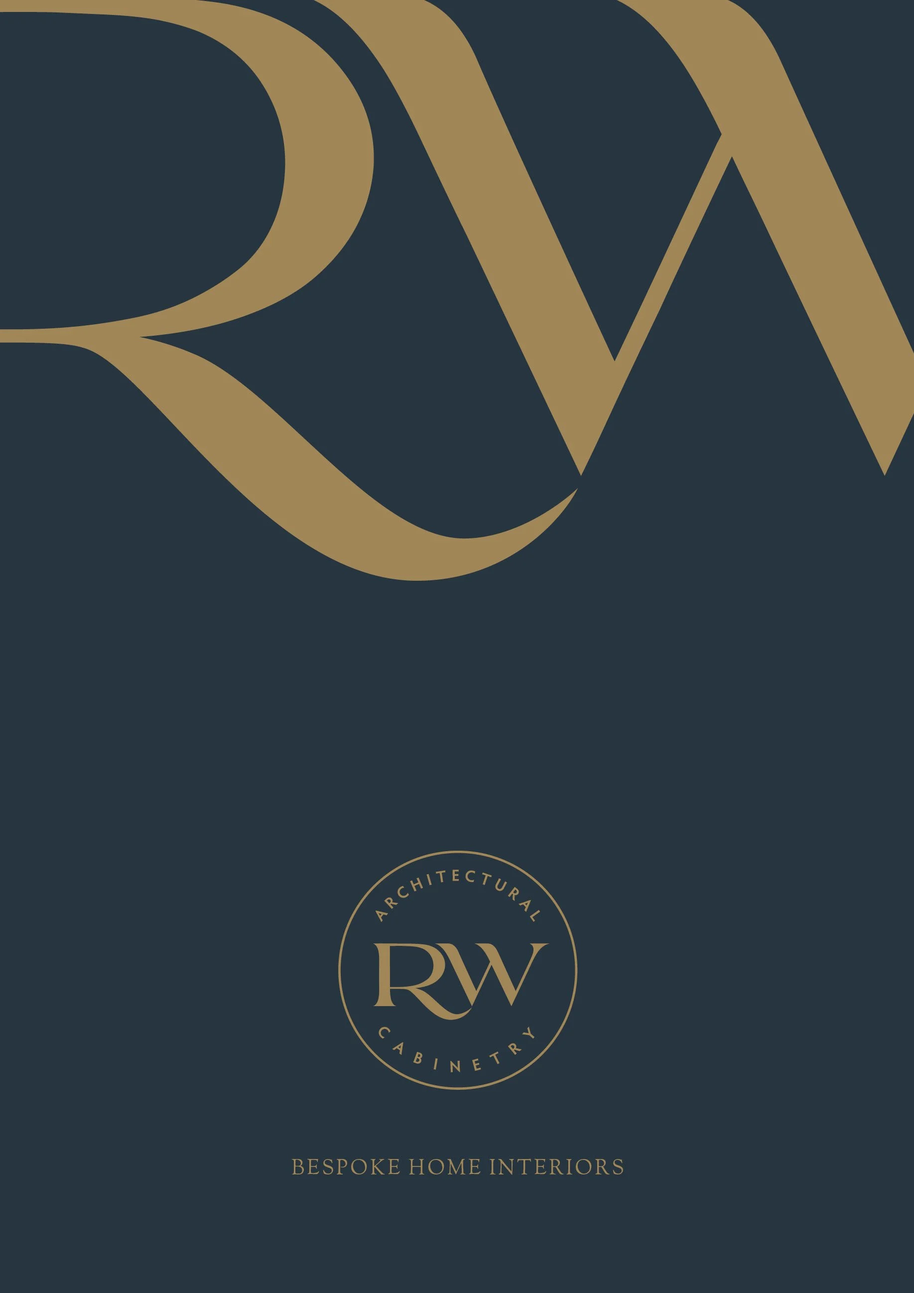 A dark-colored cover design for RW Architectural Cabinetry, featuring gold text and logo, with the tagline 'Bespoke Home Interiors'.