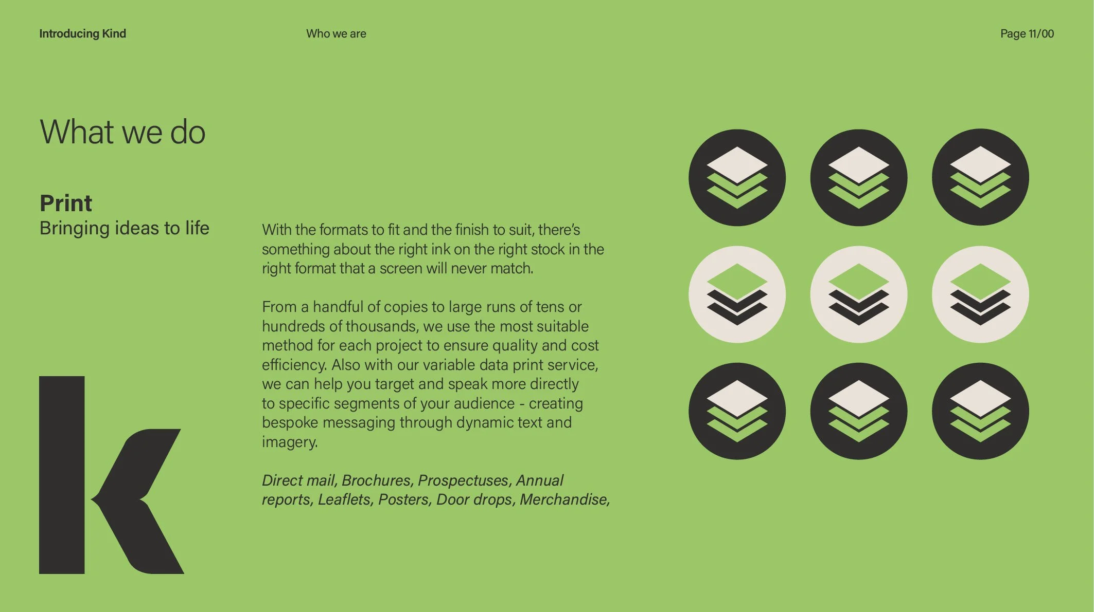 An informational page with a green background, black and white text, and black and white logo icons arranged in three rows, showing varied color themes. The page is titled 'What we do' and includes a section labeled 'Print' with a description about p