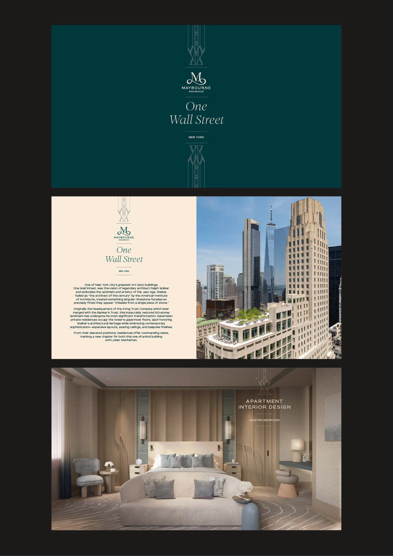 Brochure or promotional material titled 'One Wall Street' from Maybourne Residences in New York, featuring a photo of New York City skyscrapers and an interior view of a bedroom with modern decor.