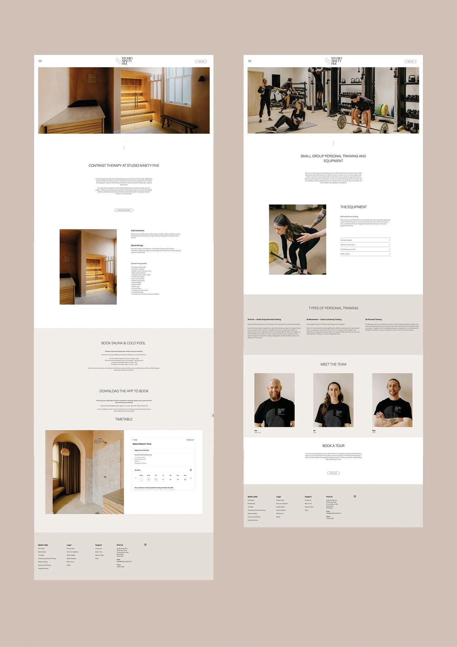 Screenshots of a website for Studio Ninety Five, featuring pages about contrast therapy, personal training, gym equipment, team members, booking, and timetable with images of interior spaces, gym equipment, and trainers.