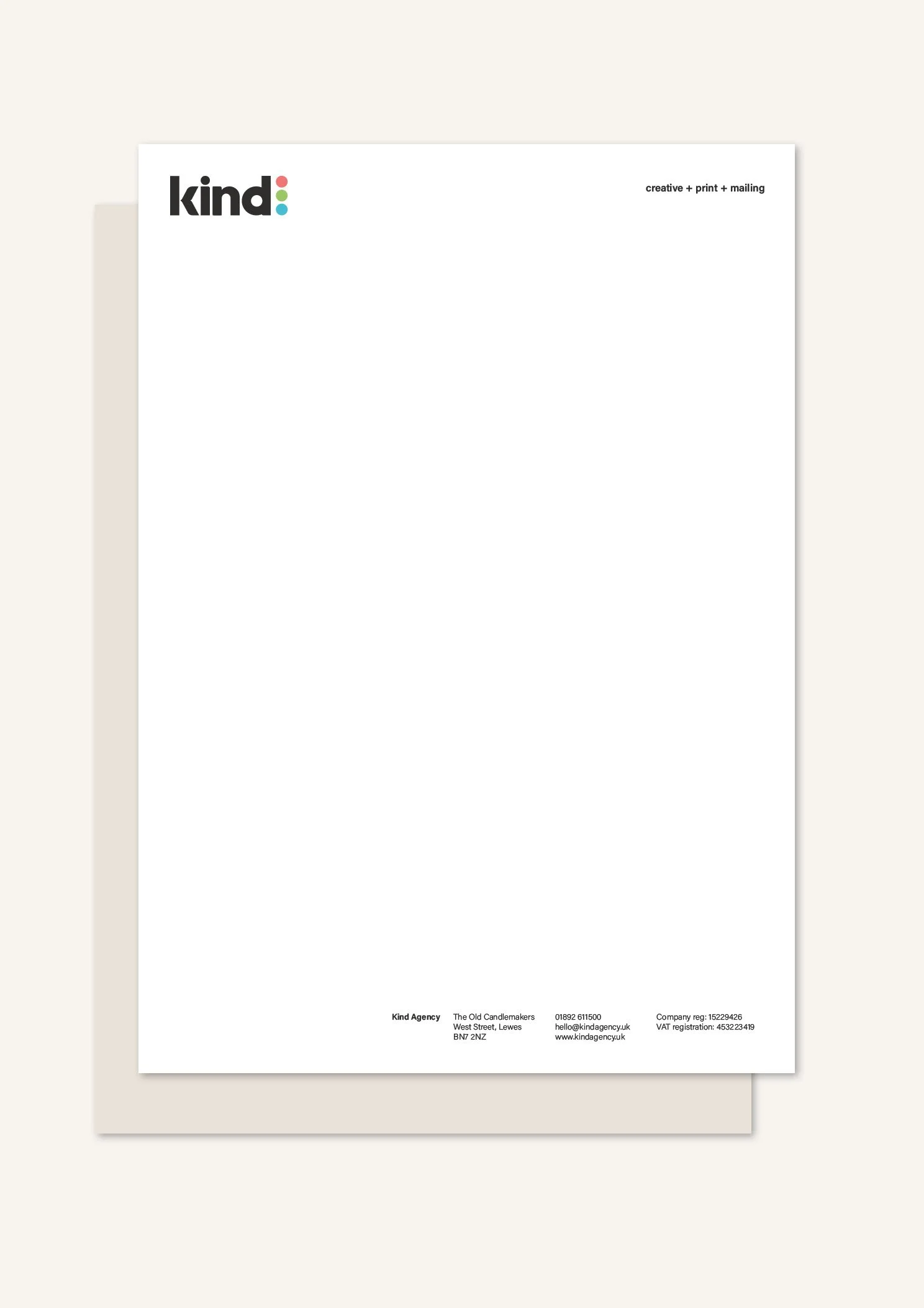 Blank white letterhead with 'kind:' logo in the top left corner and contact information at the bottom.
