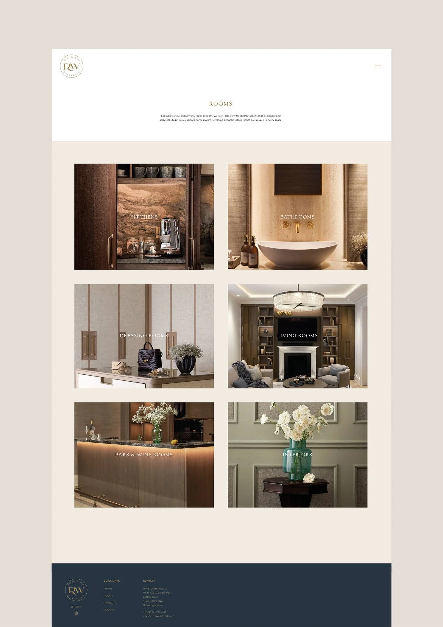 A webpage showing interior design options for rooms, including kitchens, bathrooms, dressing rooms, living rooms, bars & wine rooms, and general interiors, with images and labels for each room type.