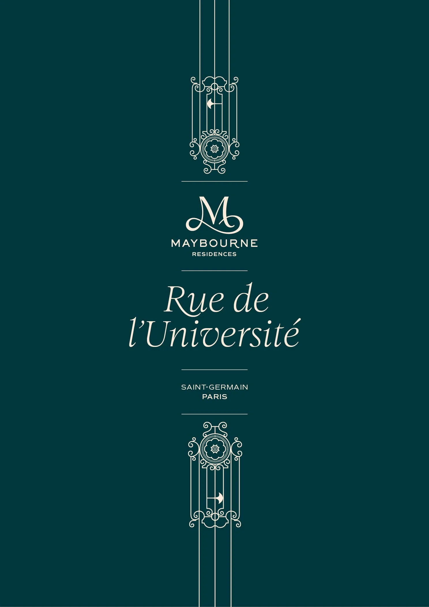 Cover of a design brochure for Maybourne Residences on Rue de l'Université in Saint-Germain, Paris.