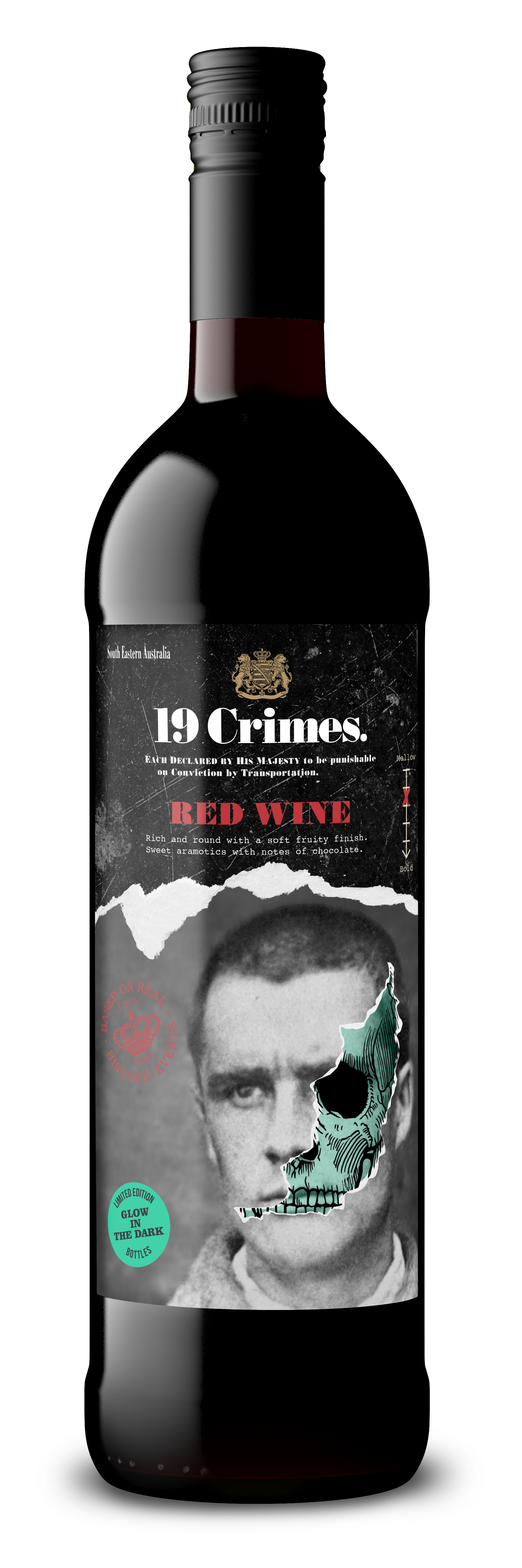 A bottle of red wine with a black label featuring a vintage black-and-white photo of a man’s face partially covered by a stylized skull graphic. The label has gold, red, and green accents, and text including "19 Crimes" and "Red Wine," with additional smaller text and design elements.