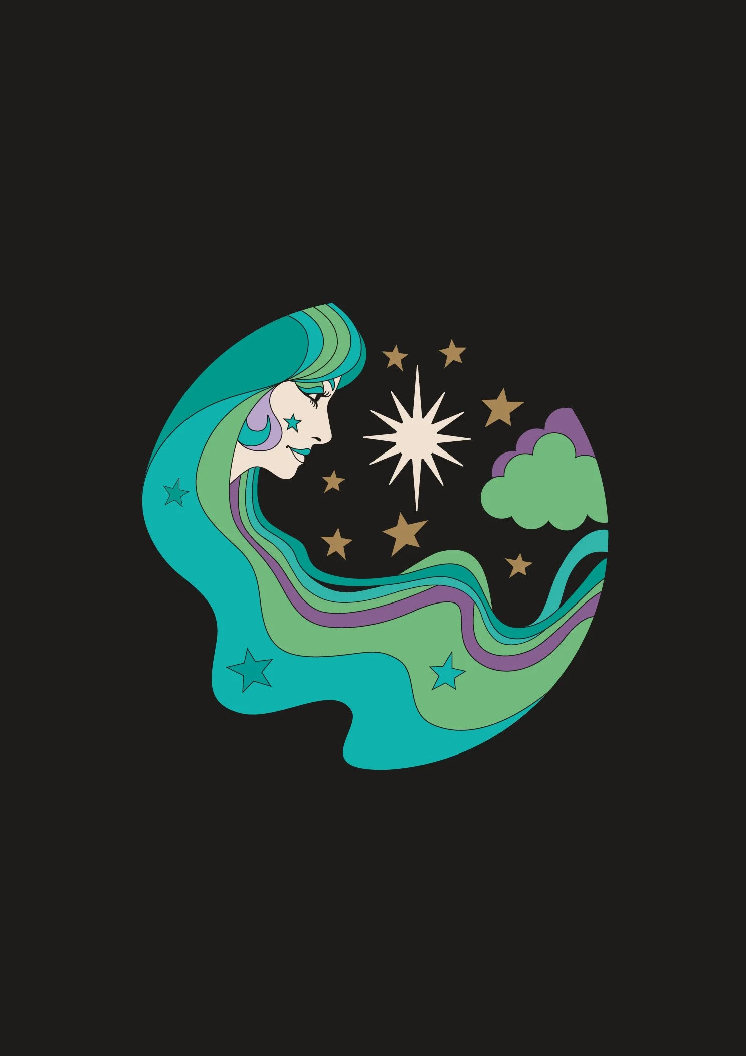 Illustration of a woman's profile with flowing, starry hair, a moon and cloud, set against a black background.