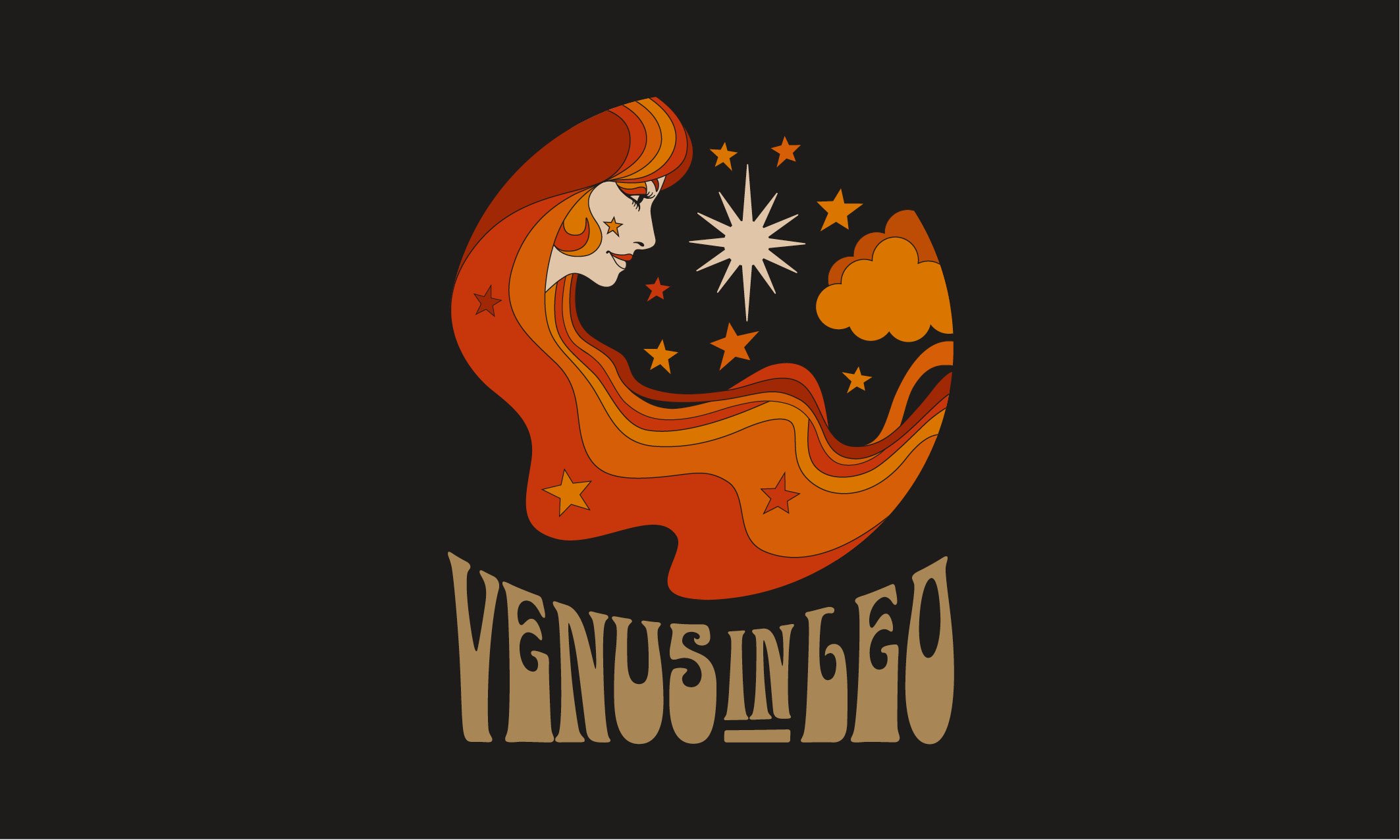 Illustration of a woman's face with flowing hair, surrounded by stars, clouds, and a bright starburst, with the text 'Venus in Leo' below.