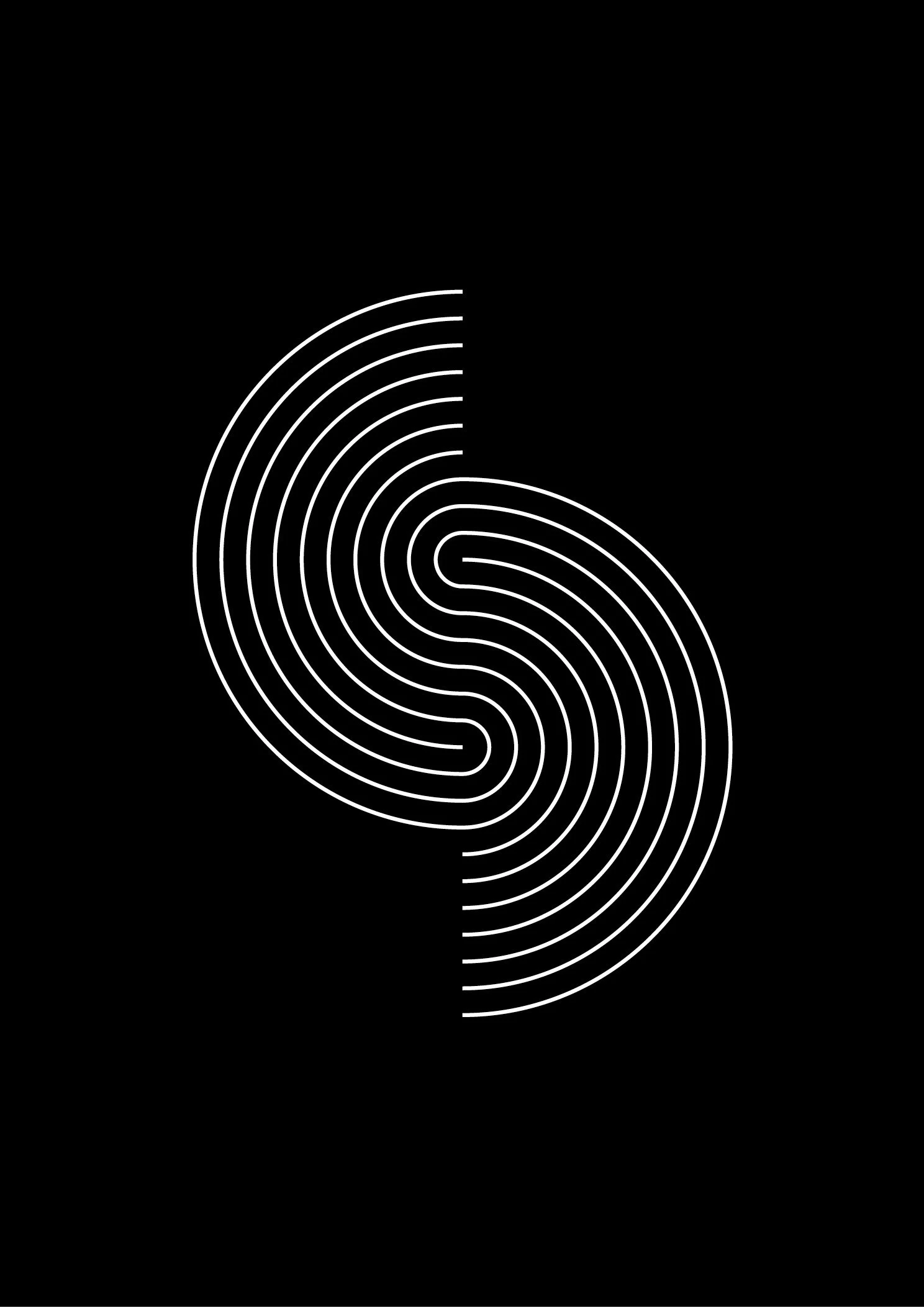 Abstract black and white design with concentric curved lines forming a symmetrical pattern.