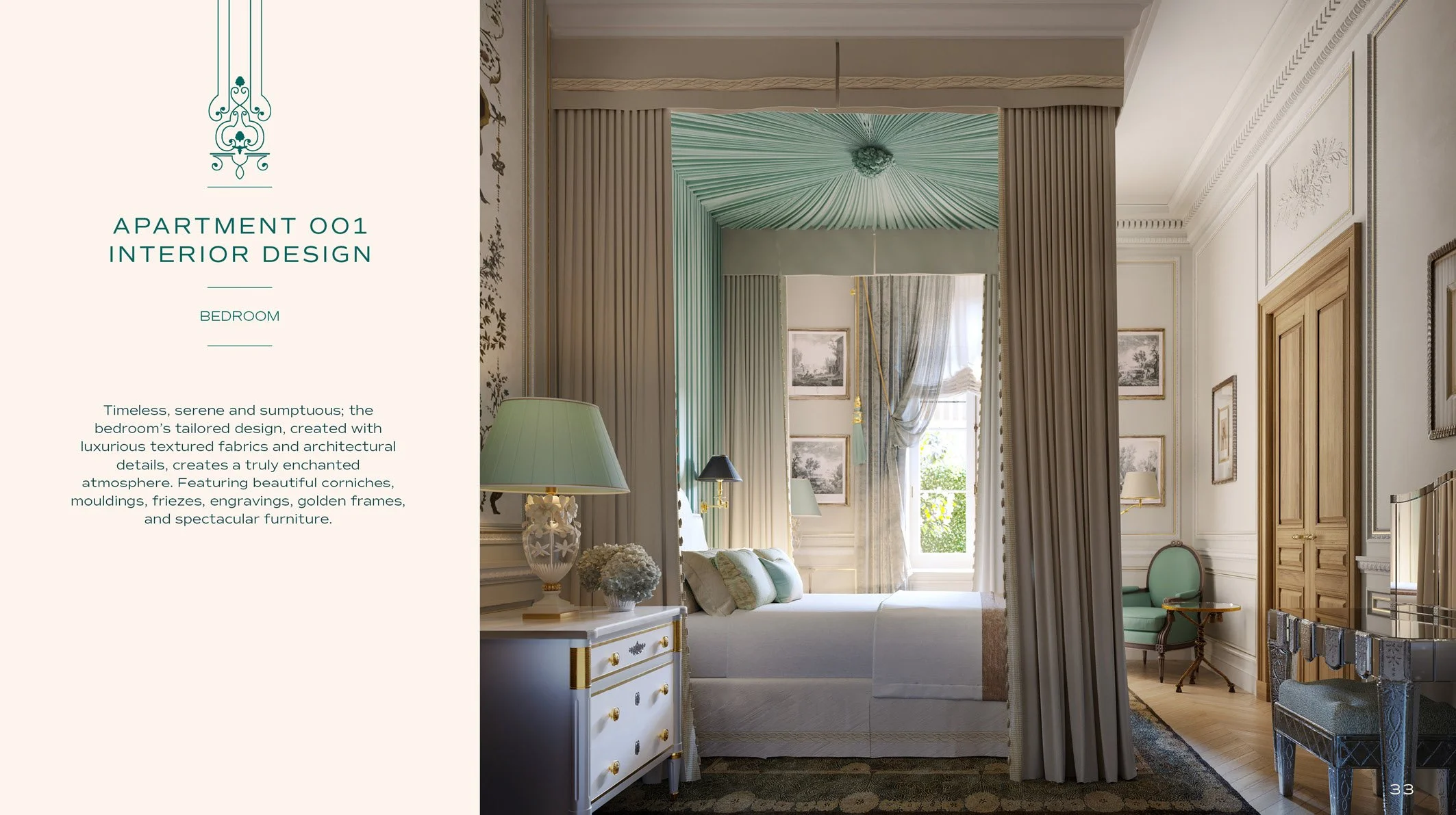 Interior of a bedroom with luxurious, classic decor. The bed is visible with upholstered pillows, near windows with drapes. Ornate wall moldings, wooden panels, and framed artwork are on the walls, along with vintage lamps and furniture. A curtain se