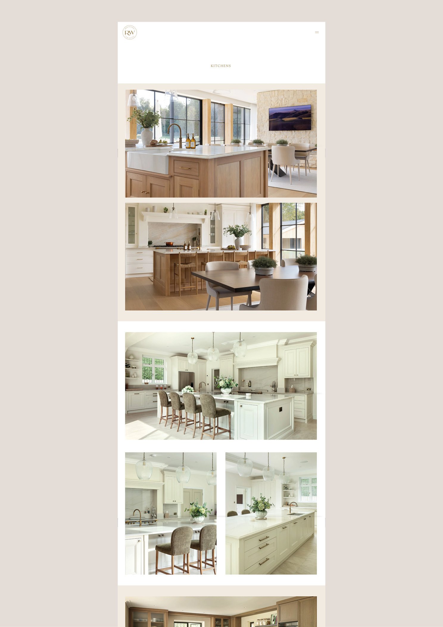 A collage of six images showcasing various kitchen designs. The first image features a modern kitchen with large windows, a white island, and light wood cabinets. The second showcases a kitchen with white cabinets, a black table, and large windows. The third displays a white kitchen with a large island, pendant lighting, and barstools. The fourth features a bright white kitchen with a breakfast bar and white cabinetry. The fifth shows a kitchen with a white island, pendant lights, and a bouquet of flowers on the counter. The sixth image captures a room with built-in wooden cabinetry and a countertop.
