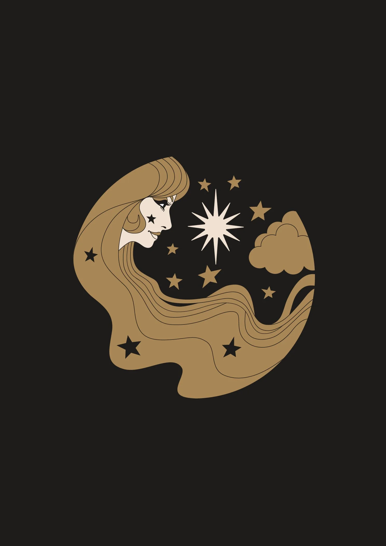 An artistic illustration of a woman's side profile with long flowing hair, surrounded by stars, clouds, and a radiant burst, all on a dark background.