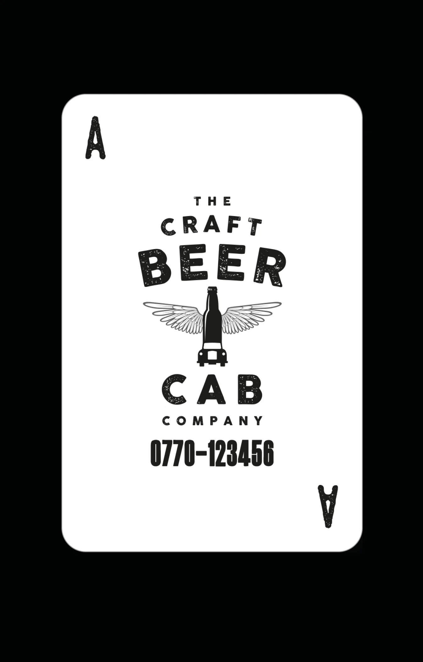 A black and white playing card with text and a graphic of a beer bottle with wings, advertising a craft beer cab company and a phone number.
