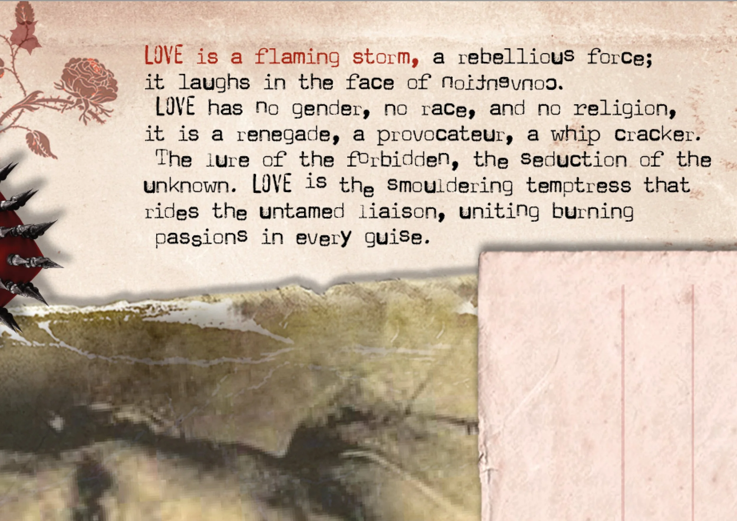 A decorative quote about love on a textured background, with a faded rose illustration on the upper left and a torn paper effect on the right side.