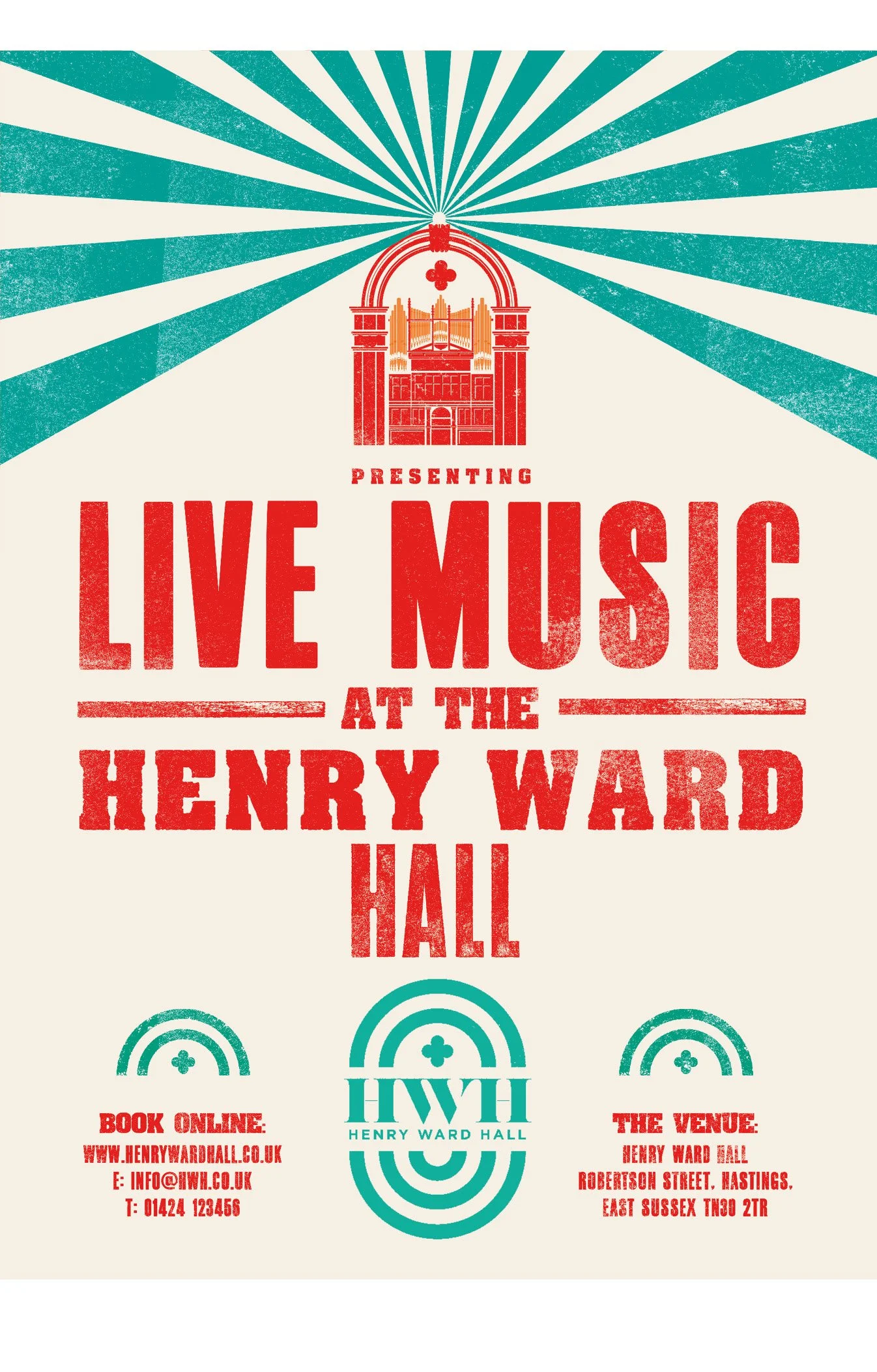 A poster advertising live music at Henry Ward Hall with a red illustration of the hall and bold red text, featuring teal decorative elements and contact information.