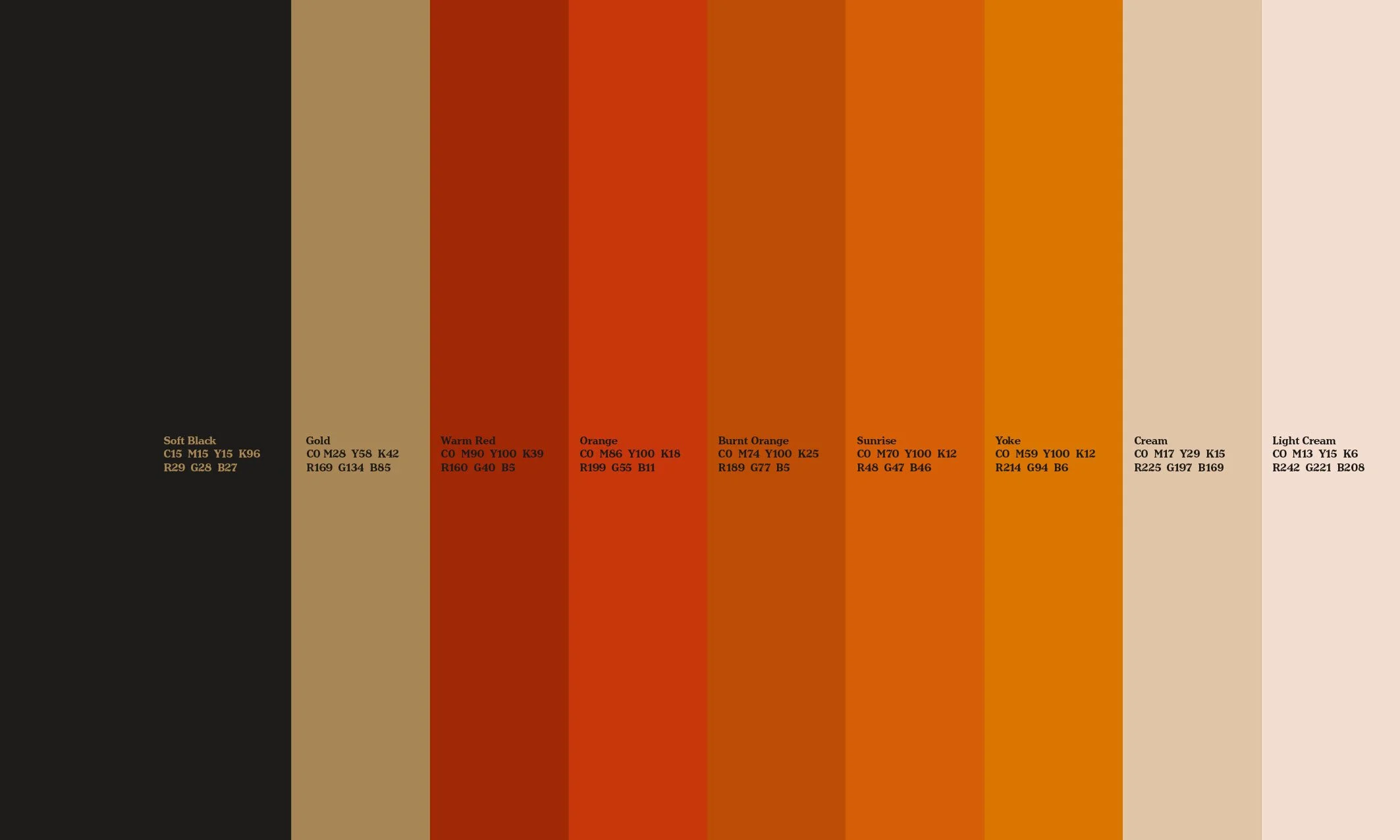 Color palette with nine vertical color swatches labeled from left to right: Soft Black, Gold, Warm Red, Orange, Burnt Orange, Sunrise, Yoke, Cream, Light Cream, each with their respective color codes.