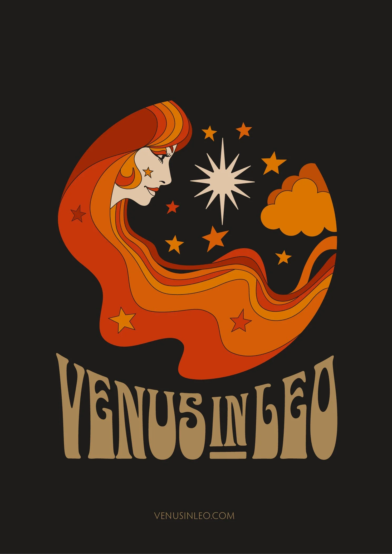 Illustration of a woman with long red hair, stars, and celestial symbols, with the text 'Venus in Leo' and a website link 'VENUSINLEO.COM' at the bottom.