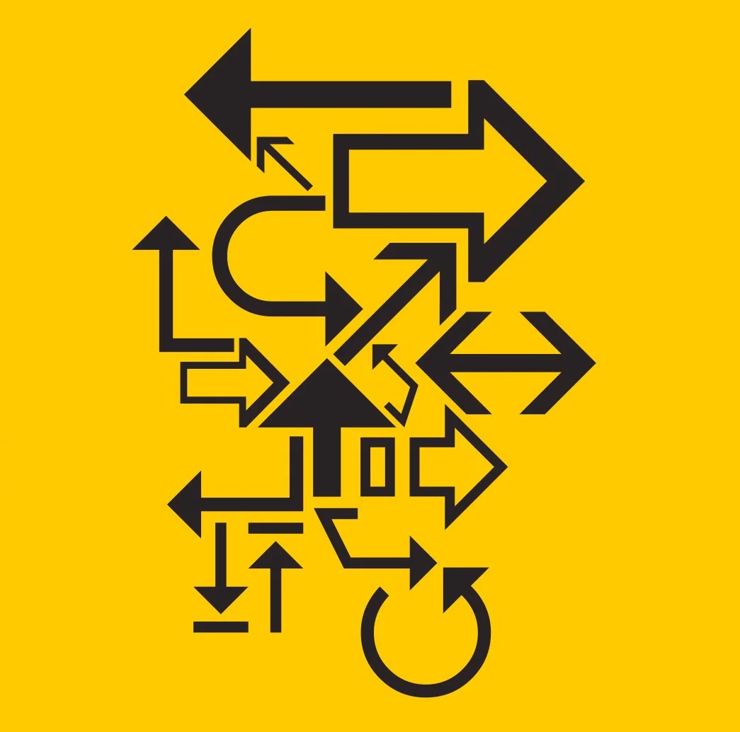 An abstract design with various black arrows and geometric shapes on a yellow background.