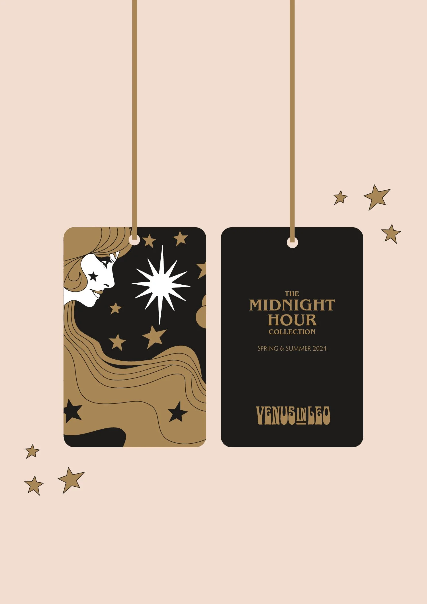 Two hanging cards with gold and black designs, one with a woman's face and stars, the other with text about "The Midnight Hour Collection Spring & Summer 2024," surrounded by small gold stars on a light pink background.