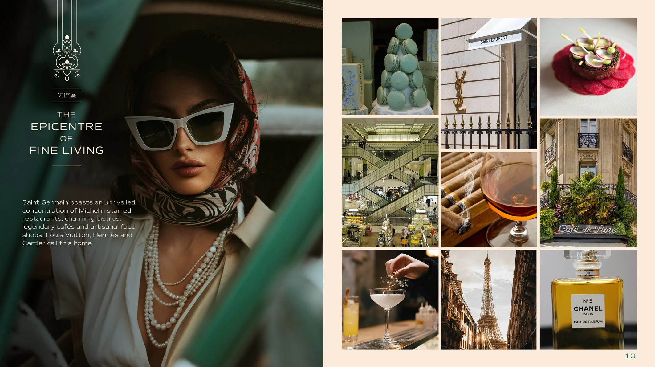 Collage of images including a woman with sunglasses and headscarf in a car, Macarons, Saint Laurent store sign, dessert with greens, interior of a shopping mall, glass of whiskey, Paris street with Eiffel Tower, Chanel perfume bottle, and a bar scene
