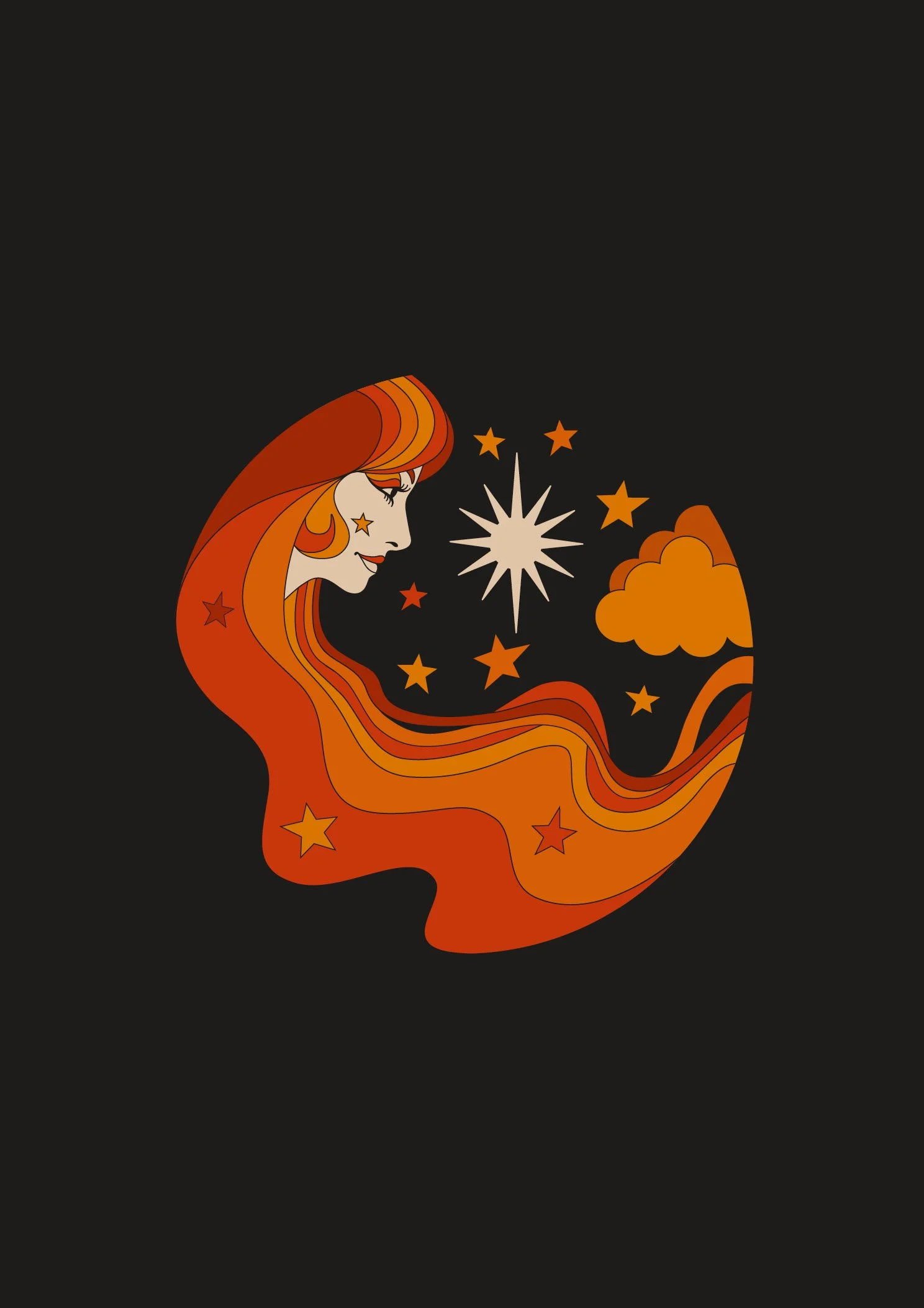 Illustration of a woman with long, flowing red hair, surrounded by stars, clouds, and a radiant starburst on a black background.