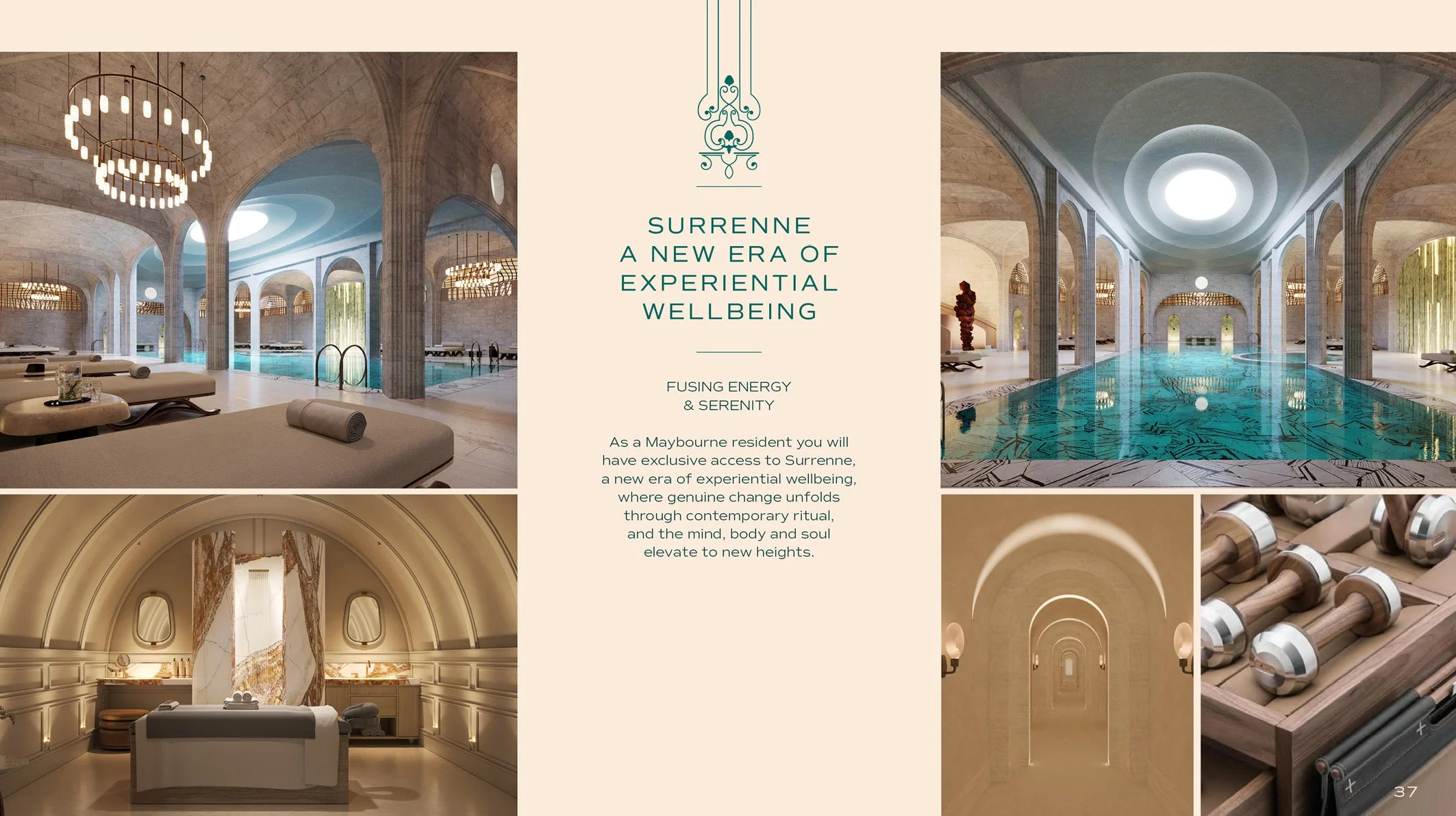 Interior view of a luxurious wellness center featuring a large pool with decorative designs, a serene room with calming lighting and a massage bed, a corridor with arches and soft lighting, a set of dumbbells for exercise, and an elegant spa area wit