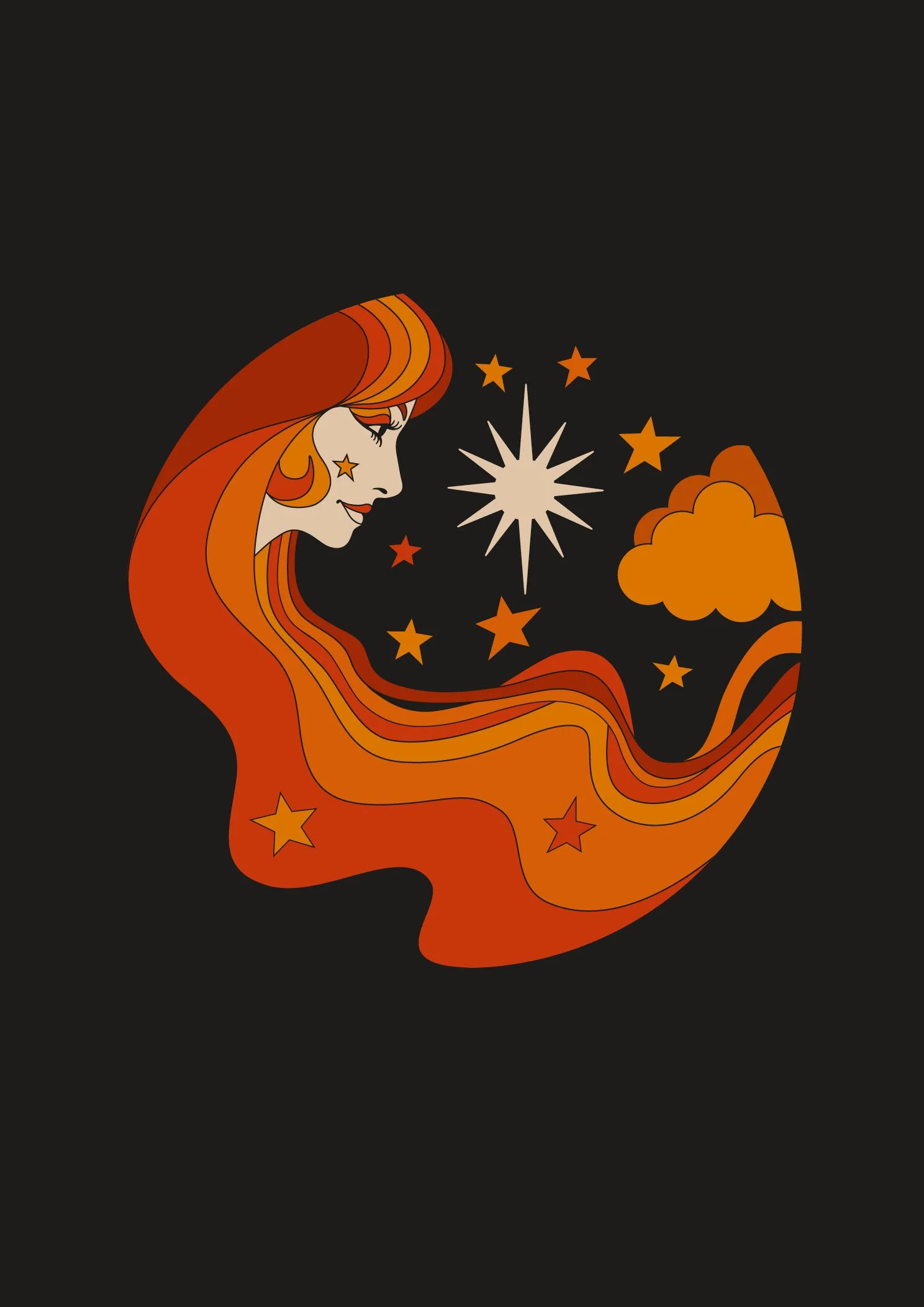 Stylized illustration of a woman with long flowing orange hair, surrounded by stars, a cloud, and a bright starburst shape against a black background.