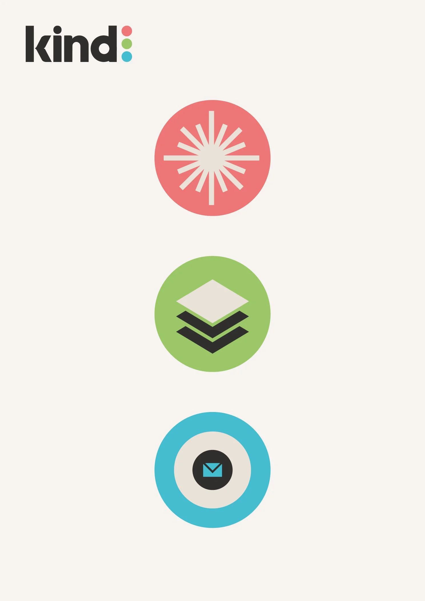 A vertical row of three icons: a red circle with a white starburst pattern, a green circle with stacked layers, and a blue circle with an envelope symbol in the center. The word 'kind' appears in the top left corner.