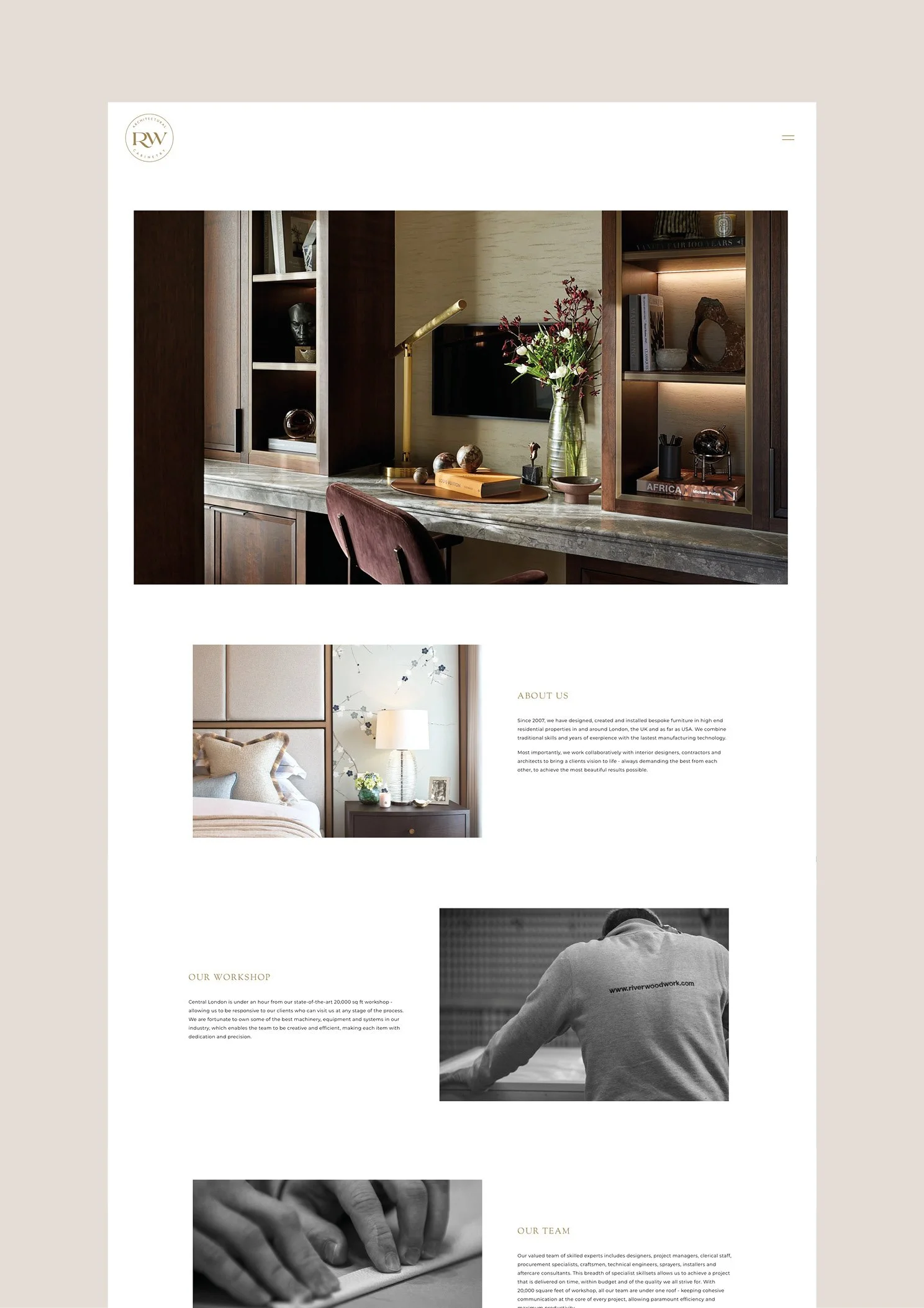 Webpage displaying interior design services, with interior photos of a workspace, bedroom, and workshop in a clean layout.