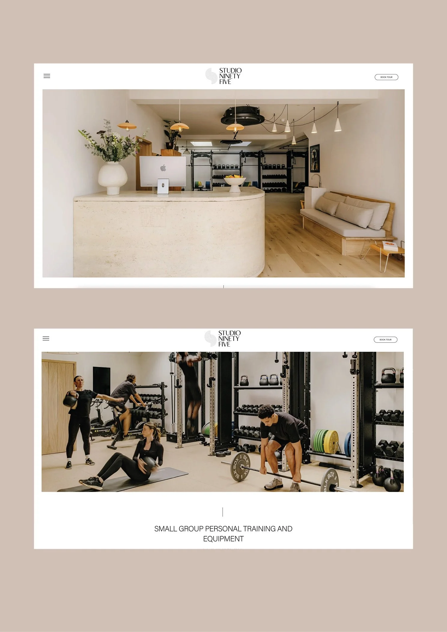 Top image shows a modern reception area with a curved white desk, a desktop computer, a vase with flowers, and a seating area with a beige sofa. Bottom image depicts a small group personal training session in a gym with people lifting weights and performing different exercises.