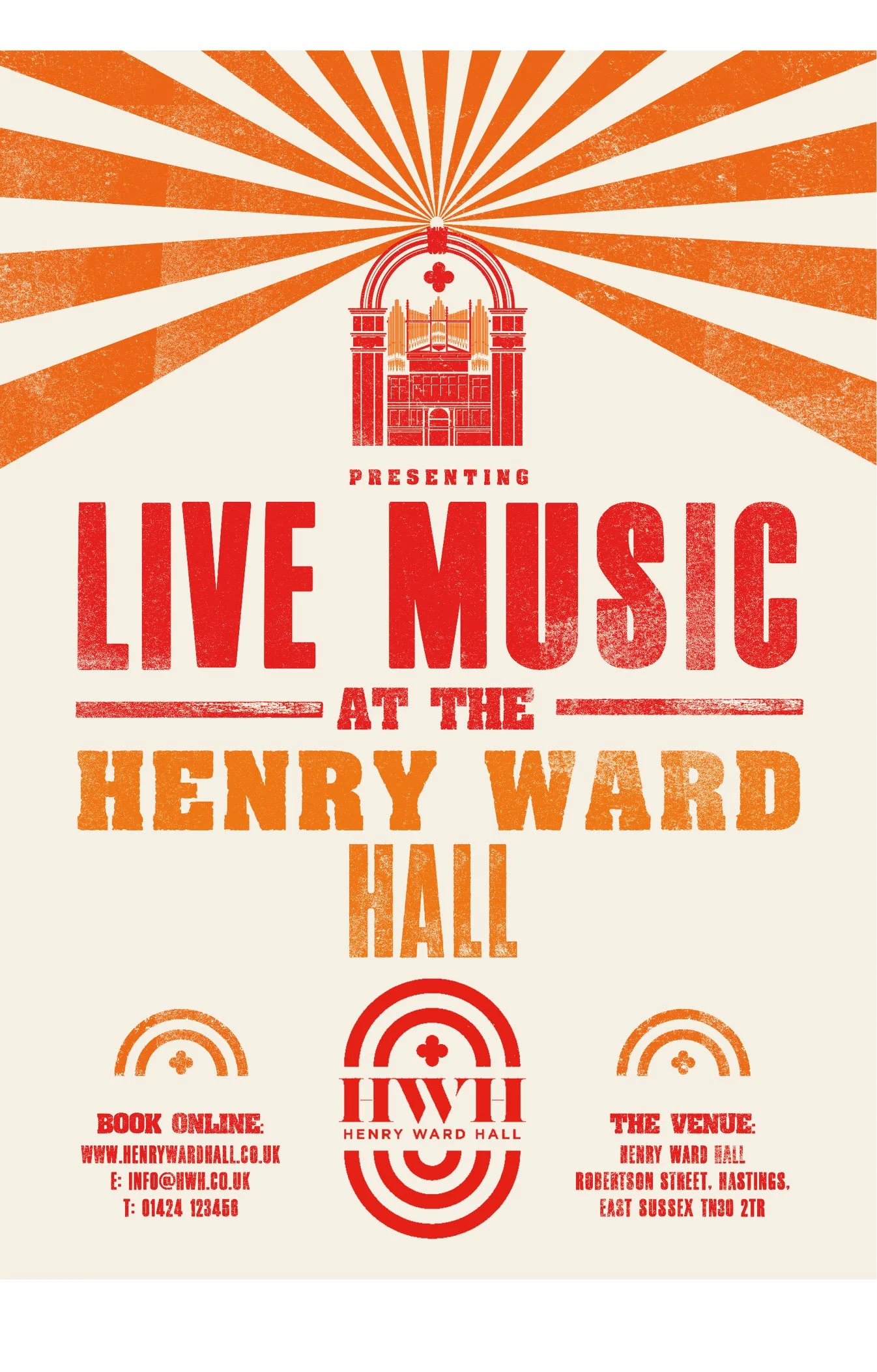 Poster advertising live music event at Henry Ward Hall, featuring a red and orange design with a university building and rays emanating from above.