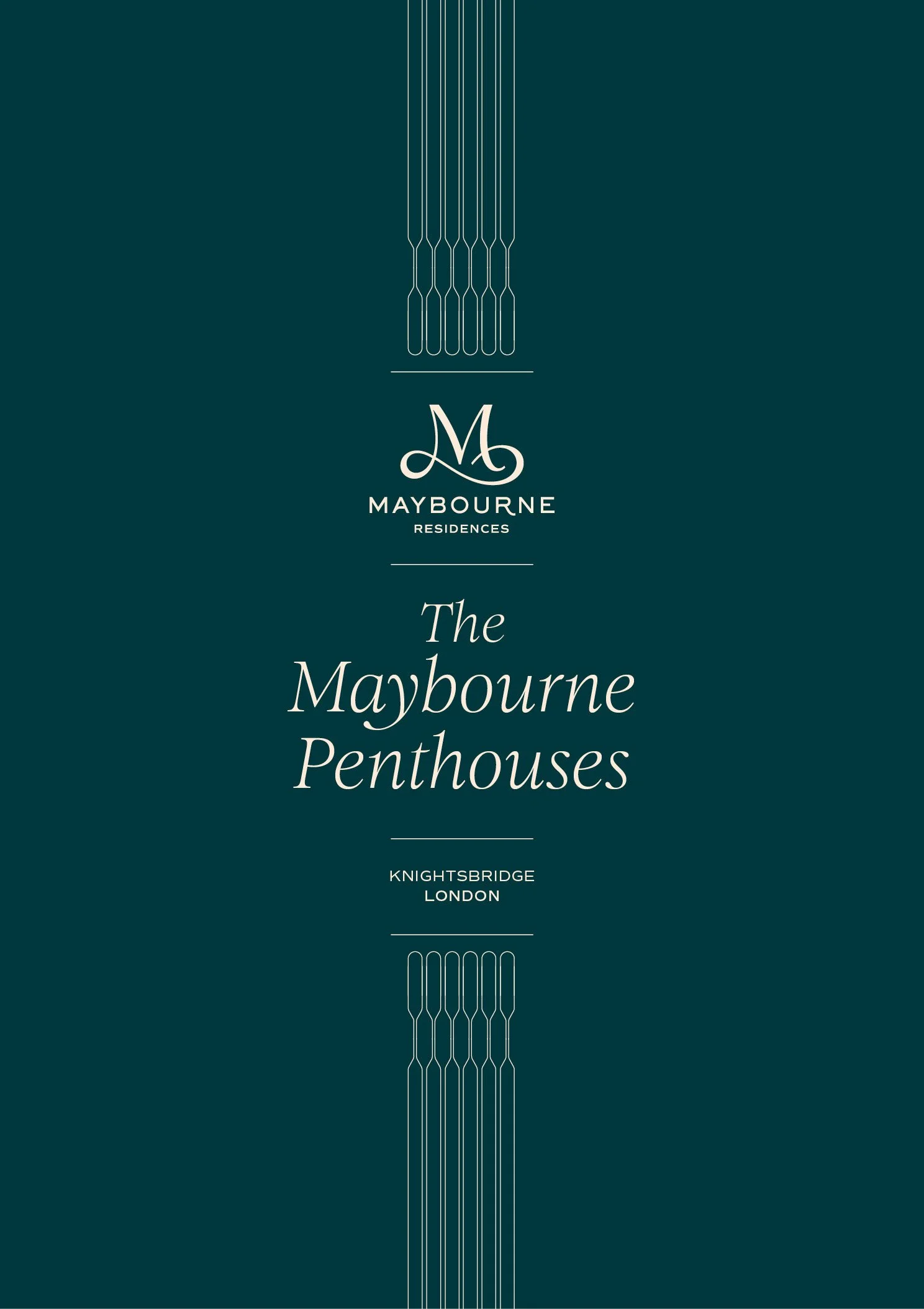 Promotional flyer for The Maybourne Penthouses at Maybourne Residences, Knightsbridge, London, featuring a dark green background with elegant white text and line art design.