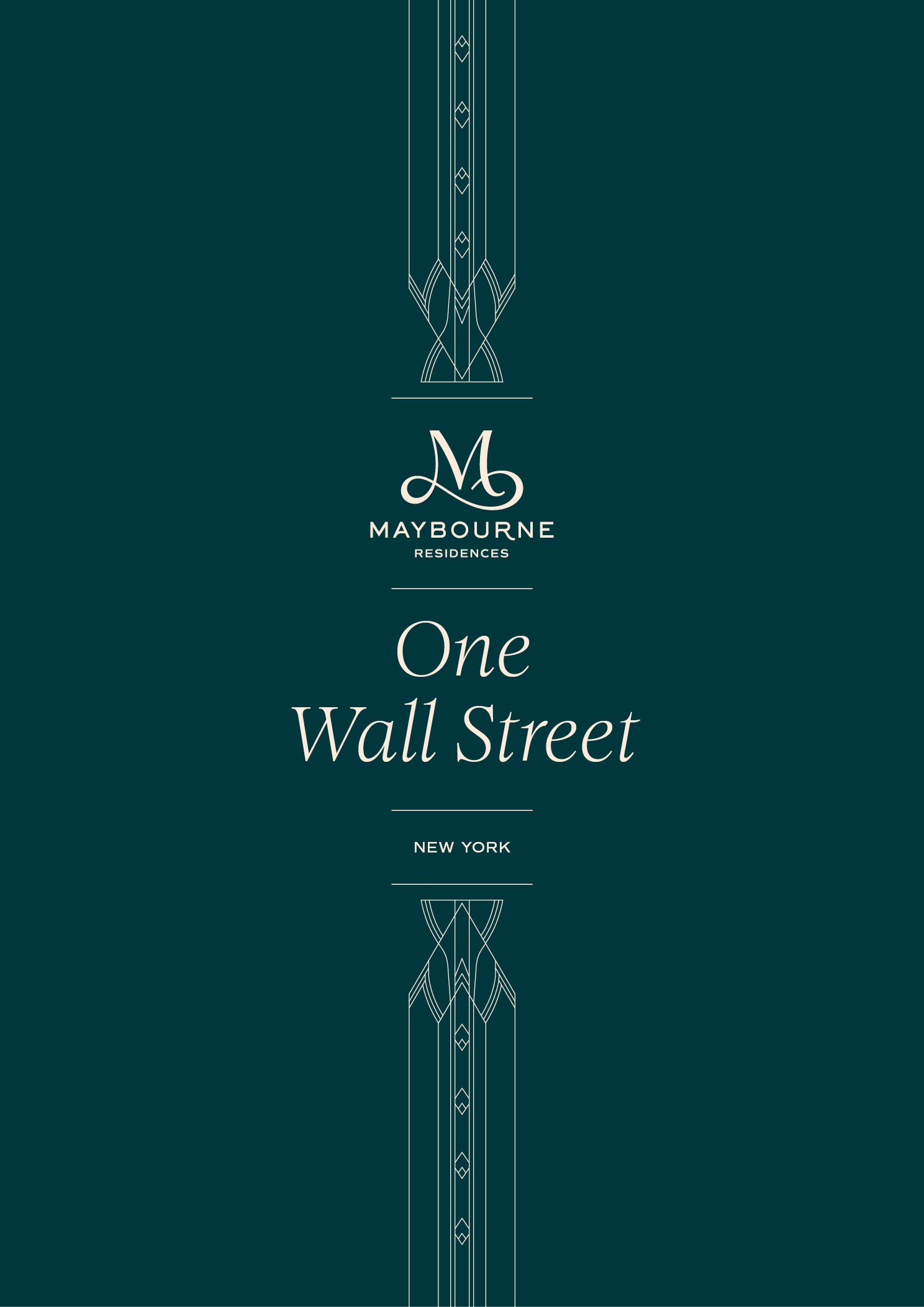 Design for Maybourne Residences, One Wall Street, New York, featuring stylized tall building illustrations and elegant typography.