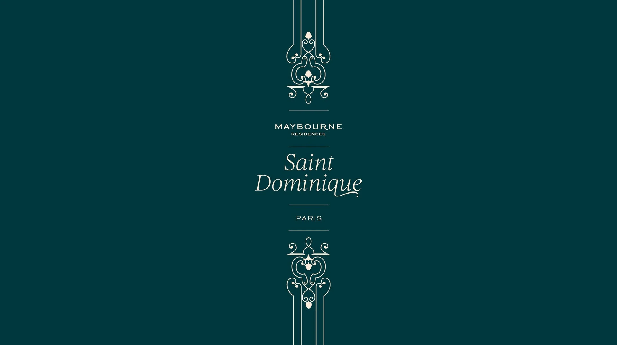 Cover of a brochure for Saint Dominique residences in Paris by Maybourne, featuring decorative line art at the top and bottom.