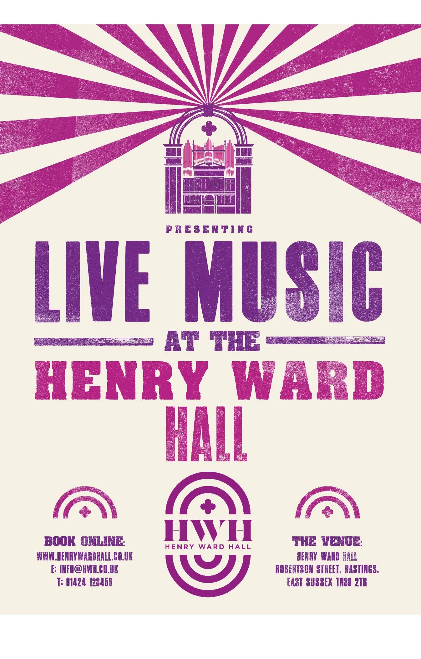 Promotional poster for a live music event at Henry Ward Hall with purple and pink text and graphics, featuring a stylized building illustration, the HWH logo, and event details.