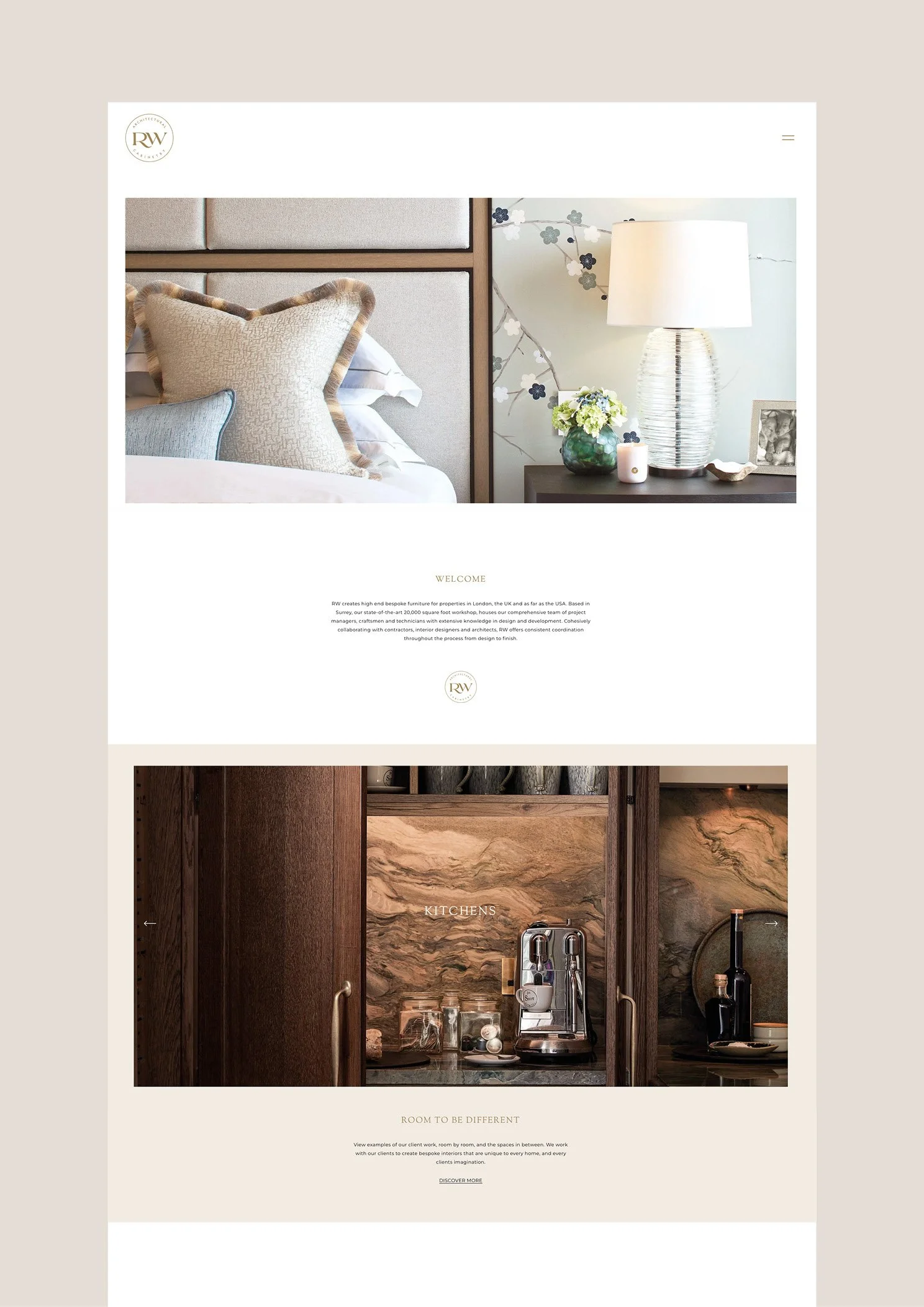 Webpage featuring interior design images: the top image shows a bedroom with a beige headboard, decorative pillows, a nightstand with a lamp, vase, and small framed photo; the bottom image displays a kitchen with dark wood cabinetry, a coffee machine, and a marble backsplash.