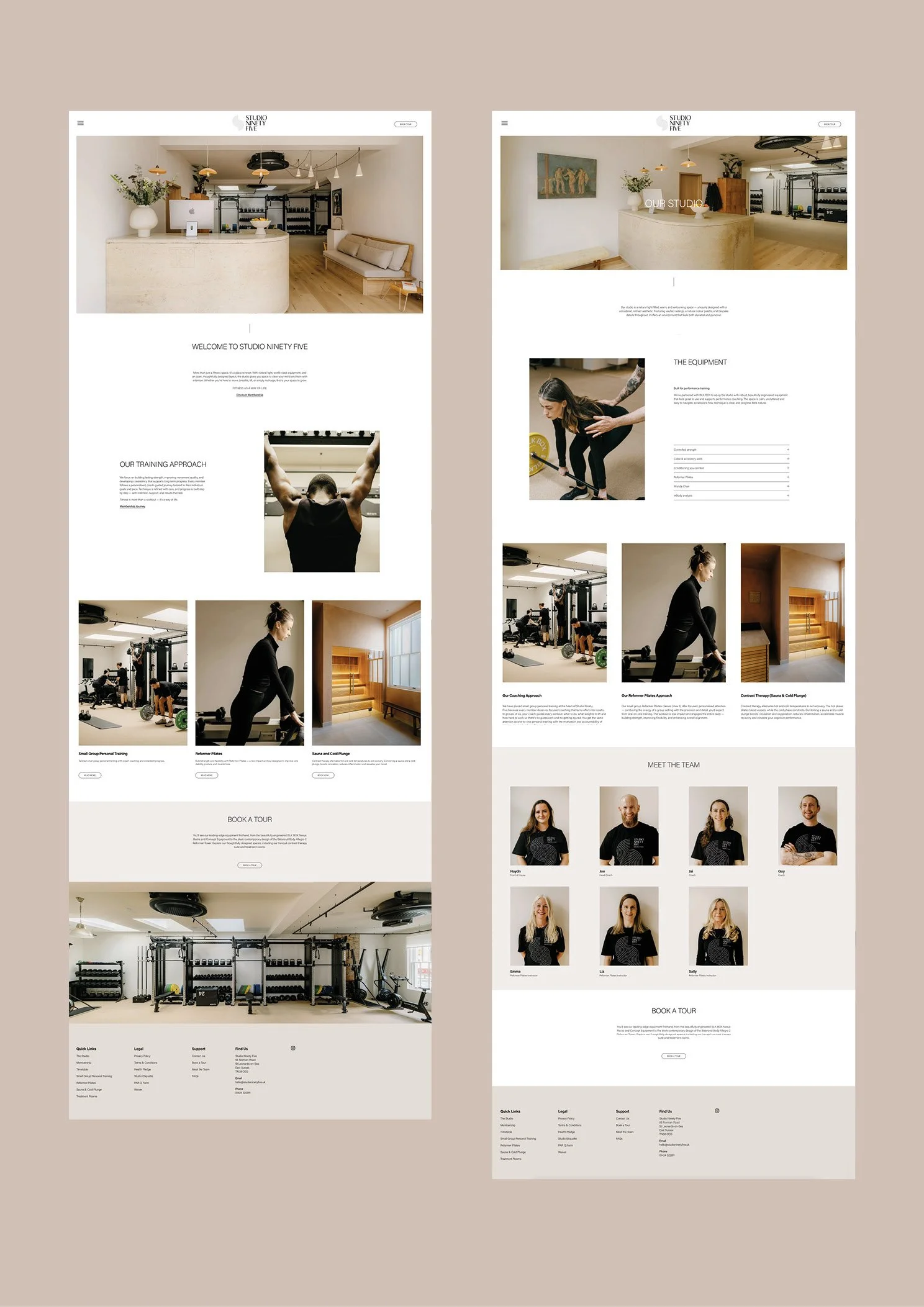 Screenshots of a fitness or gym studio website featuring interior images, gym equipment, trainers' team photos, and information about training approaches and booking tours.
