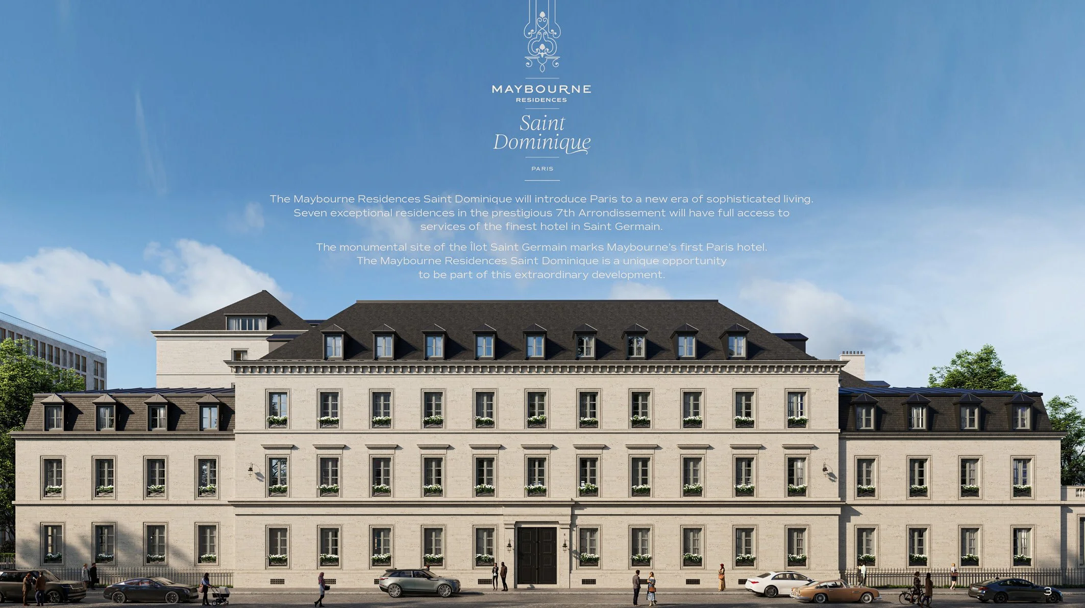 Rendering of the Maybourne Residences Saint Dominique in Paris, a grand historic building with a white stone facade, multiple windows with flower boxes, and a black central door, set against a blue sky with some clouds.