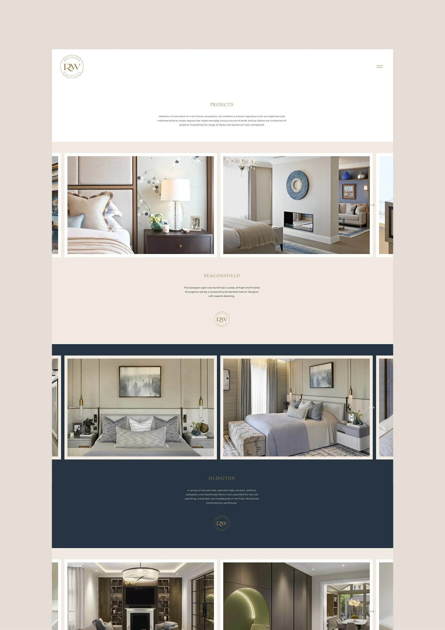 Screenshot of an interior design website showcasing luxury bedroom interiors with modern decor and color schemes.