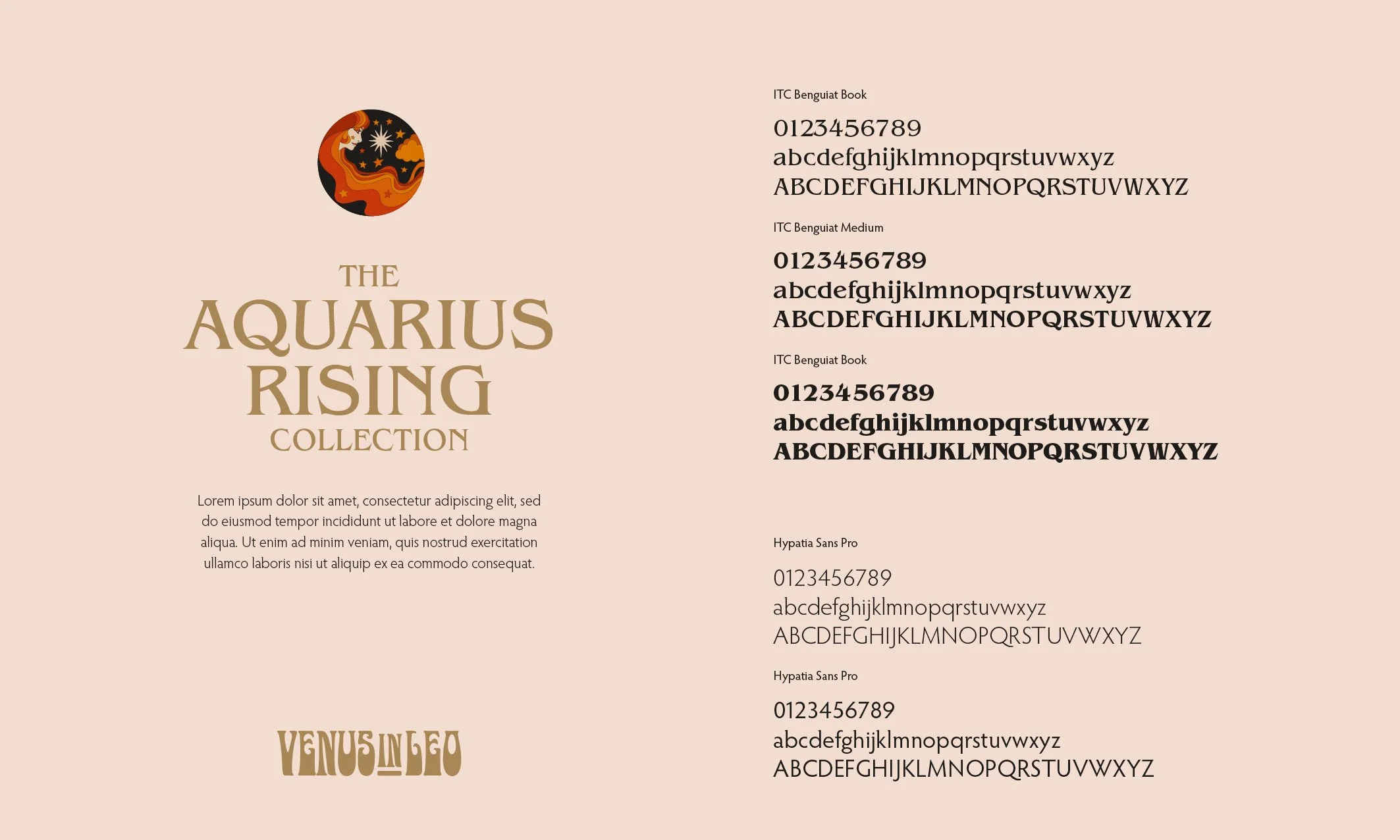 A promotional page for the Aquarius Rising collection with a pale pink background, a circular logo featuring a woman, stars, and clouds, and sample text showing various fonts and font sizes.