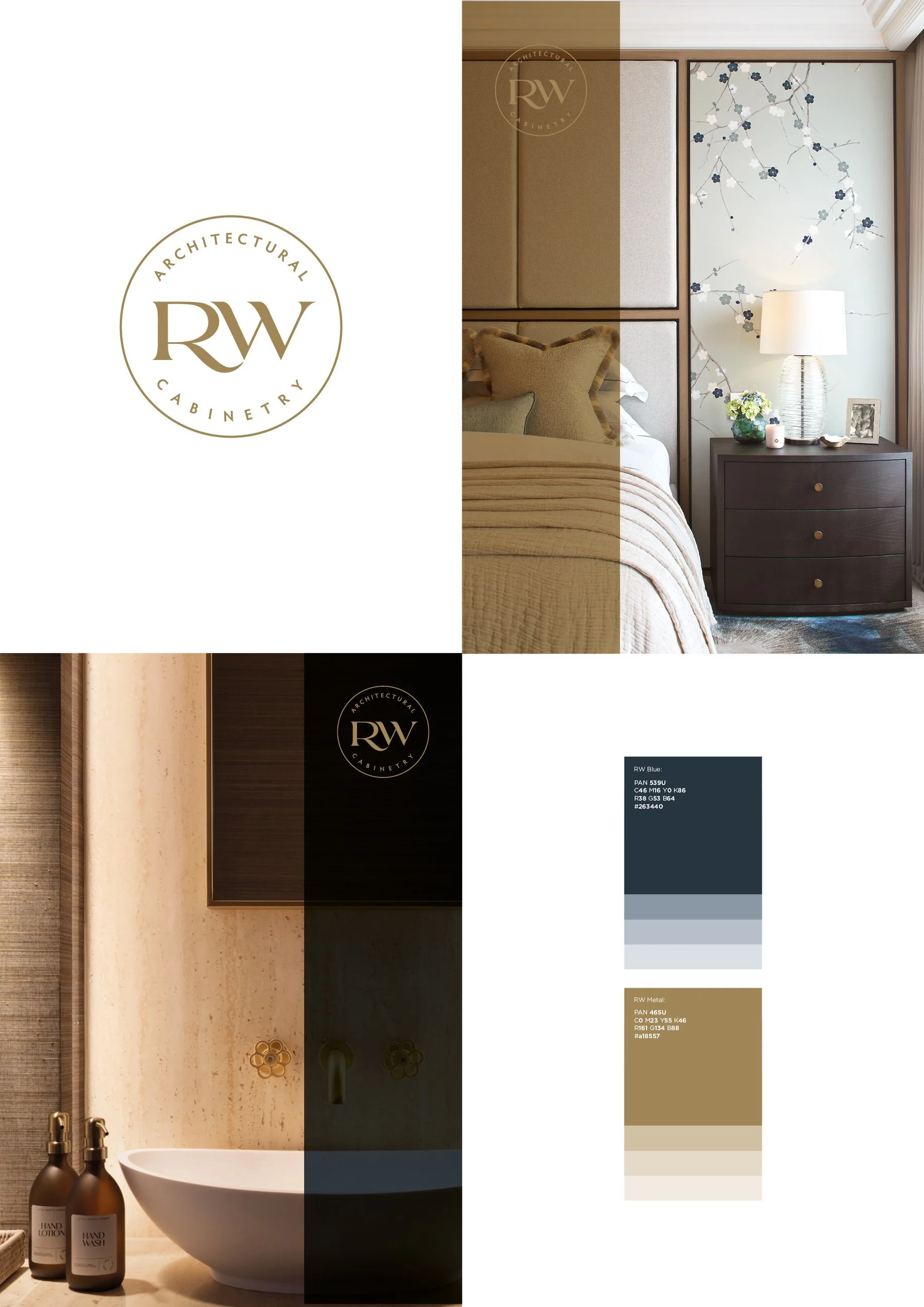 Design board for RW Architectural Cabinetry showcasing interior bedroom and bathroom decor, color palette, and logo.