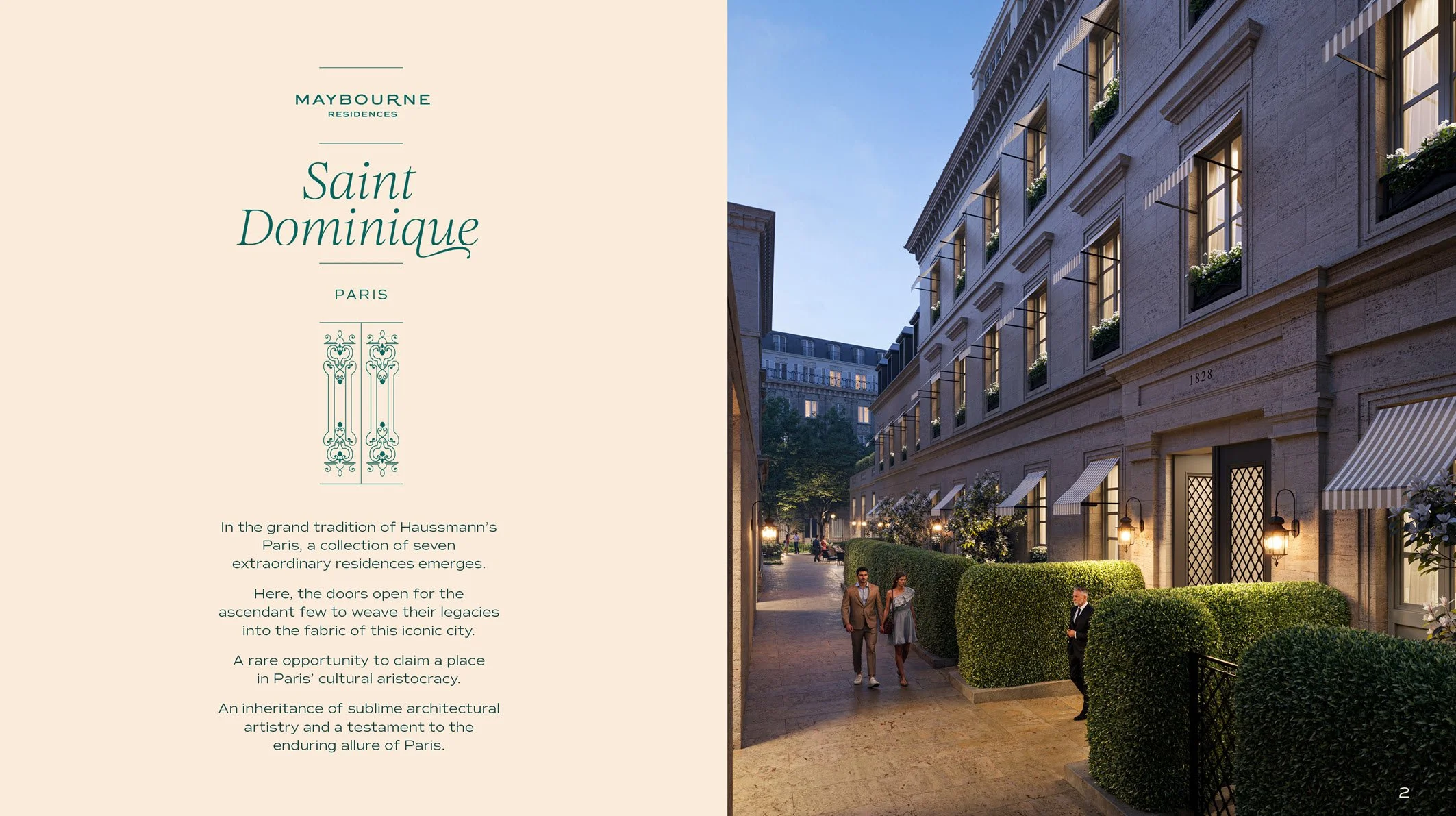 An elegant residential building in Paris illuminated at dusk, with well-kept bushes and walkways, and two people walking along the street.