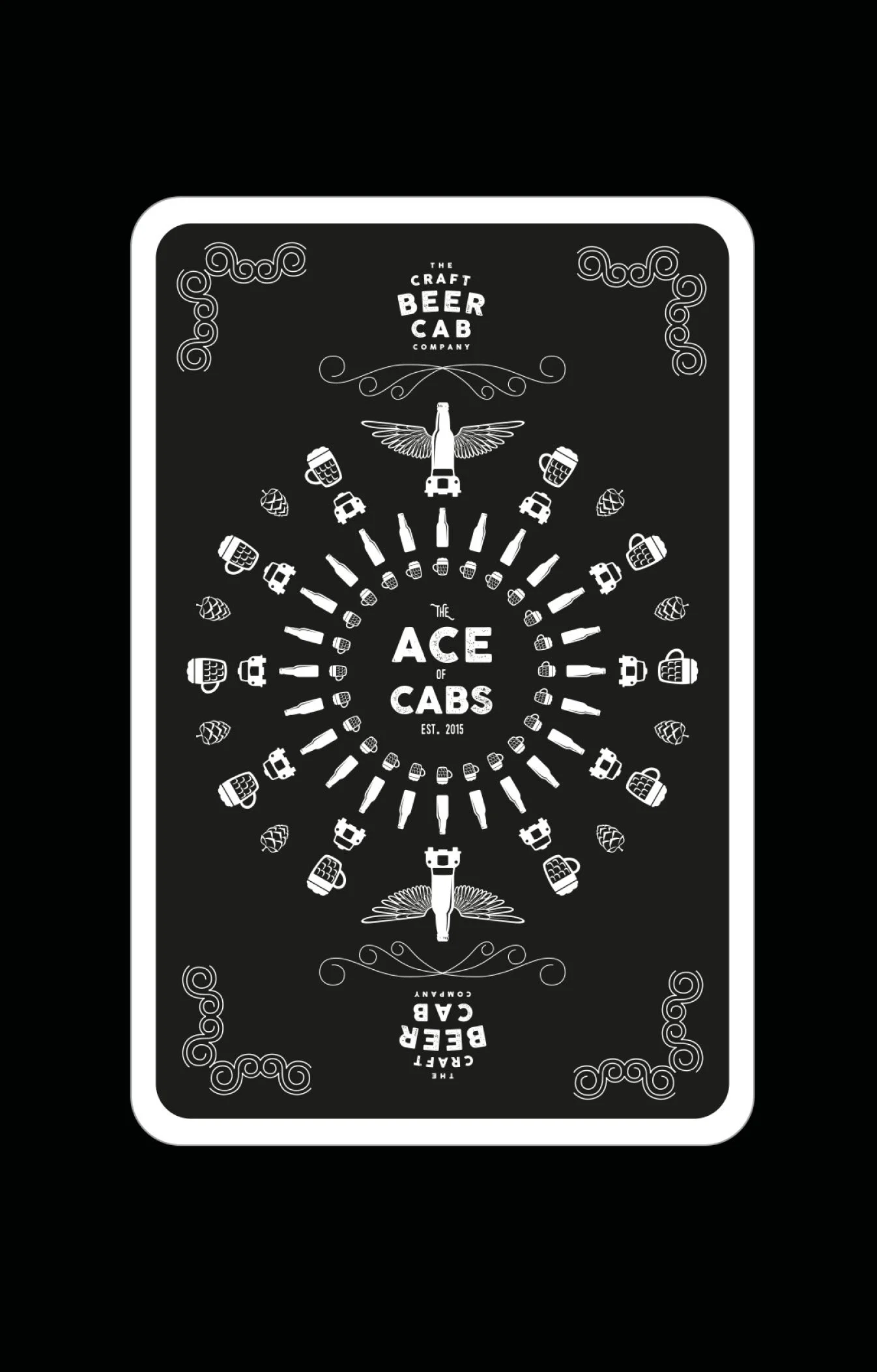 A black-and-white graphic design featuring beer mugs, bottles, and cabs arranged in a circular pattern around the text 'The Ace of Cabs,' with decorative swirls, a beer bottle with wings, and branding for a craft beer cab company established in 2015.