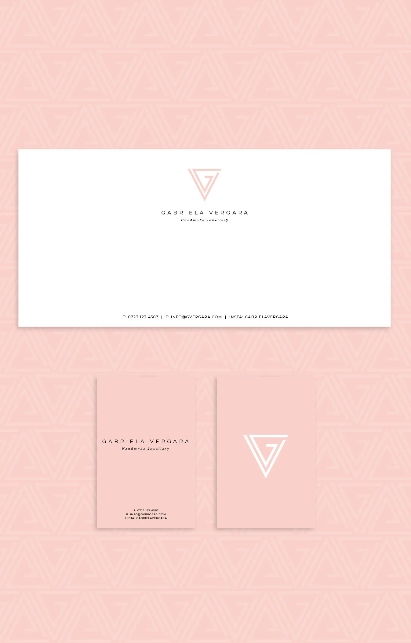 Business stationery set including a large white envelope, two pink business cards, and a pink card with a white logo, all branded with GABRIELA VERGARA Handmade Jewellery, on a pink patterned background.