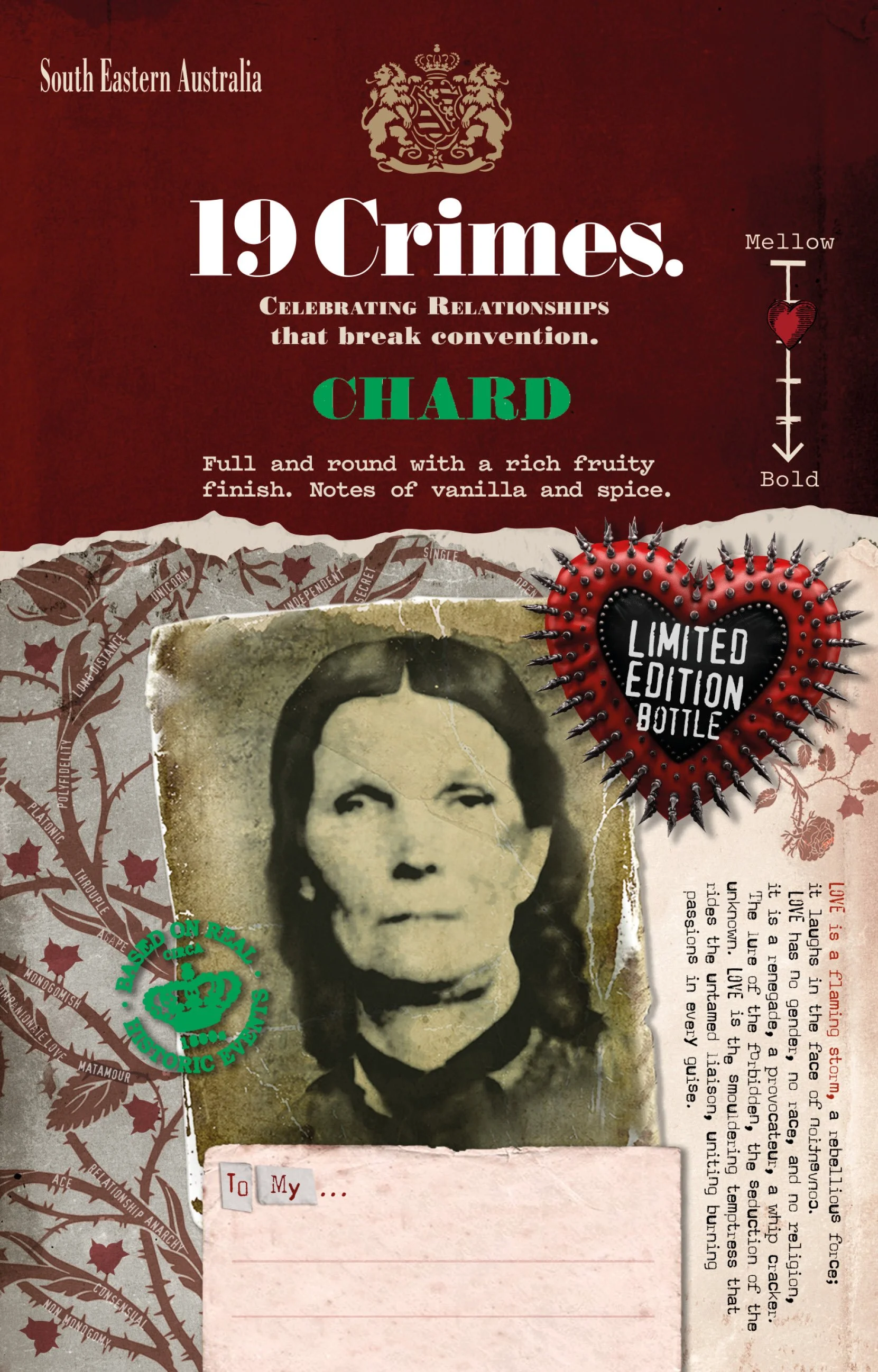 A wine label from South Eastern Australia for a limited edition bottle of Chard with the title "19 Crimes: Celebrating Relationships that break convention." The label features a black and white photo of a woman, a decorative crown and crest, and various text describing the wine's flavor profile and story, with a background of red and gray tones and floral patterns.